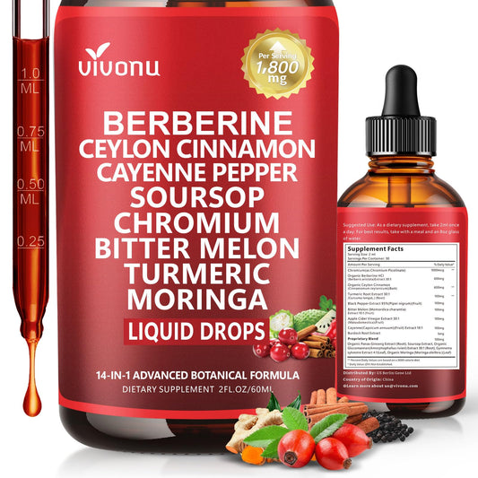 14-in-1 Berberine with Ceylon Cinnamon Supplement Liquid Drops, 1800mg + 30:1 Liposomal Tech with Cayenne Pepper, Soursop, Chromium, Bitter Melon, Turmeric, Moringa, Gymnema VivoNuUS supplements