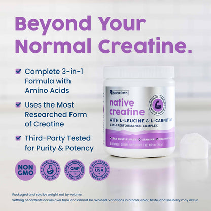 NativePath Creatine Monohydrate Powder with L-Leucine & L-Carnitine - Muscle Building Supplement for Men & Women - 30 Servings (Pack of 2) NativePathUS supplements
