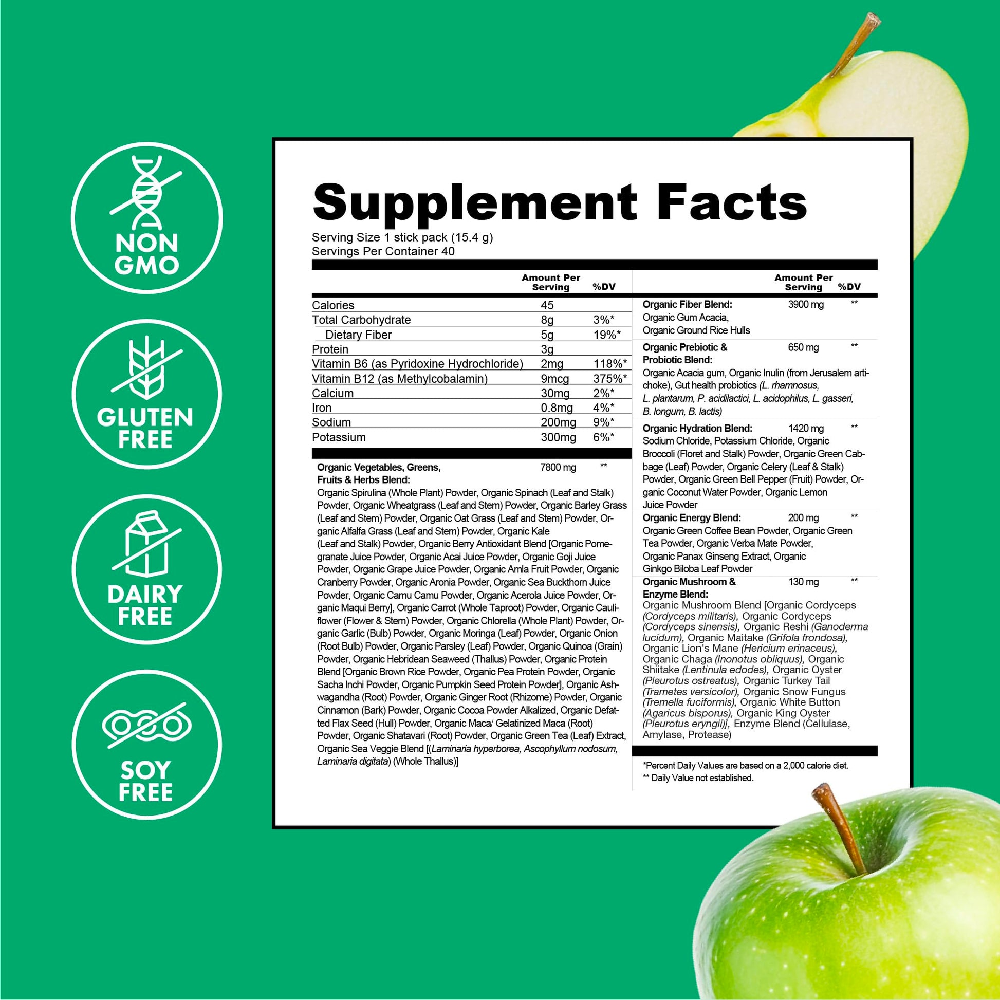 Zena Nutrition Organic Super Greens Energy & Hydration Powder, 70+ Superfoods, 0 Sugar, 5G Fiber, Spirulina, Chlorella, Prebiotics/Probiotics, Natural Caffeine + Electrolytes, 40 Drink Mix Packets Zena Nutrition Au supplements
