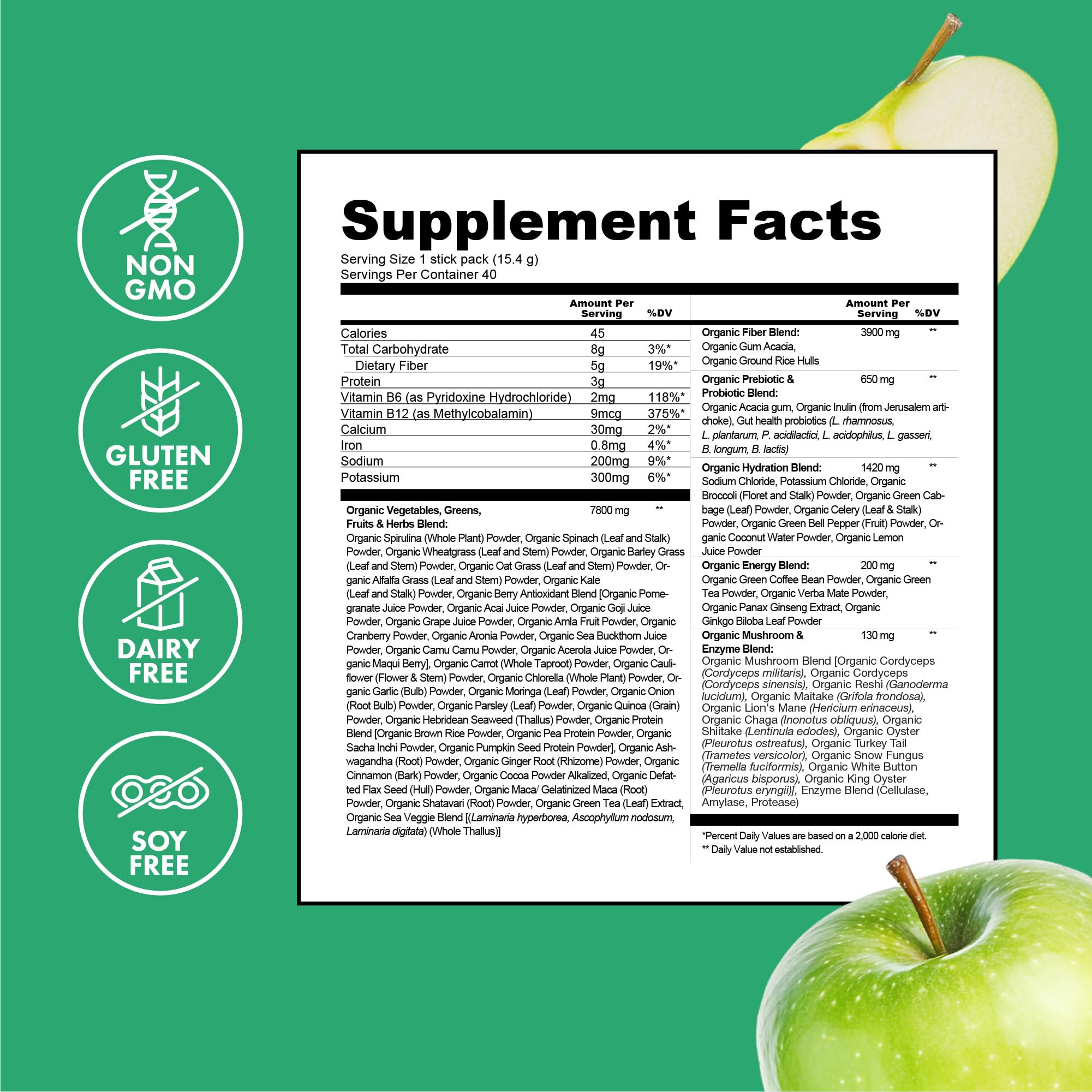 Zena Nutrition Organic Super Greens Energy & Hydration Powder, 70+ Superfoods, 0 Sugar, 5G Fiber, Spirulina, Chlorella, Prebiotics/Probiotics, Natural Caffeine + Electrolytes, 40 Drink Mix Packets Zena Nutrition Au supplements