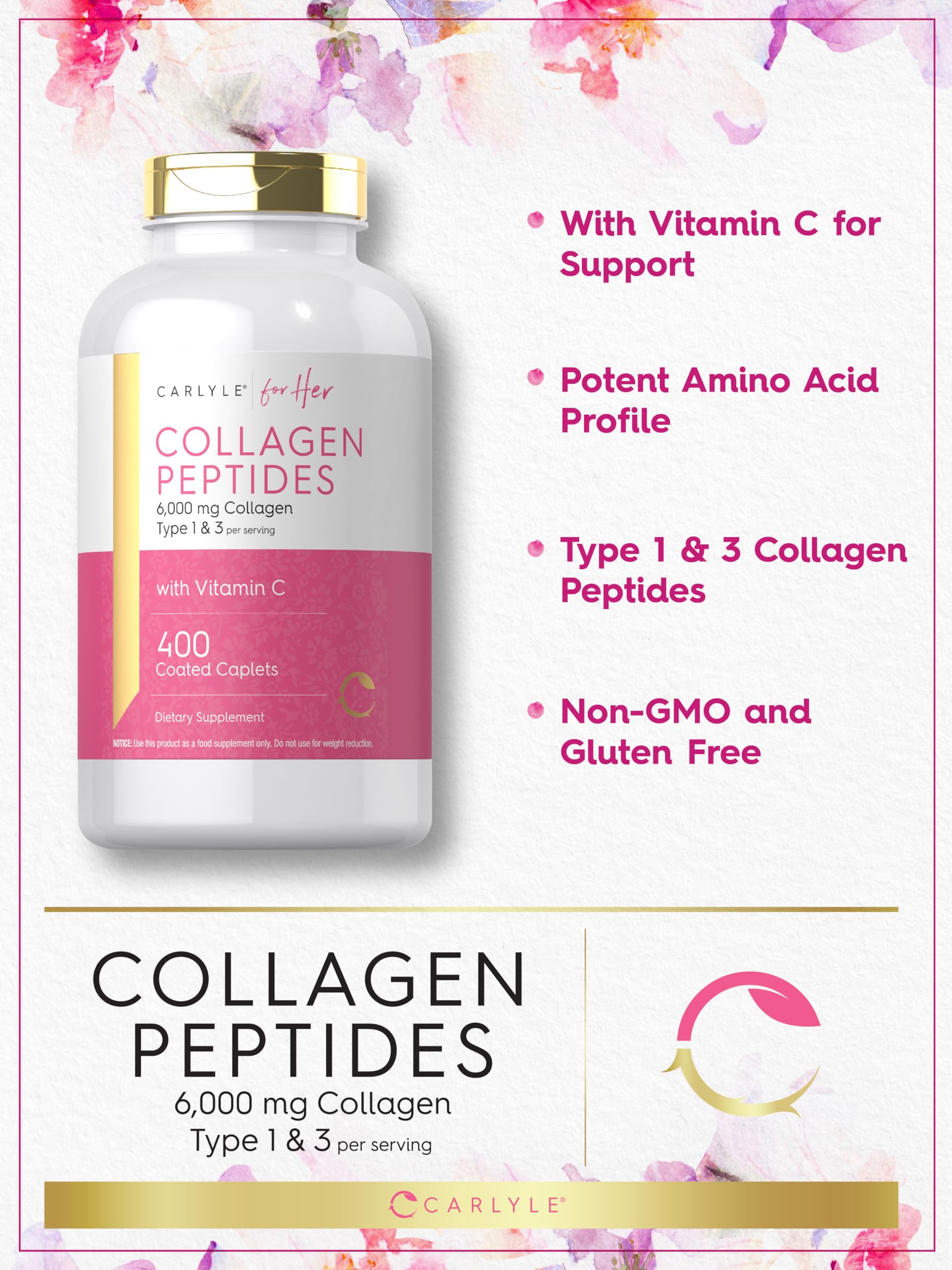 Carlyle Collagen Peptides 6000mg | 400 Caplets | with Vitamin C | Type 1 and 3 | Non-GMO, Gluten Free, Grass Fed Supplement Carlyle Au supplements