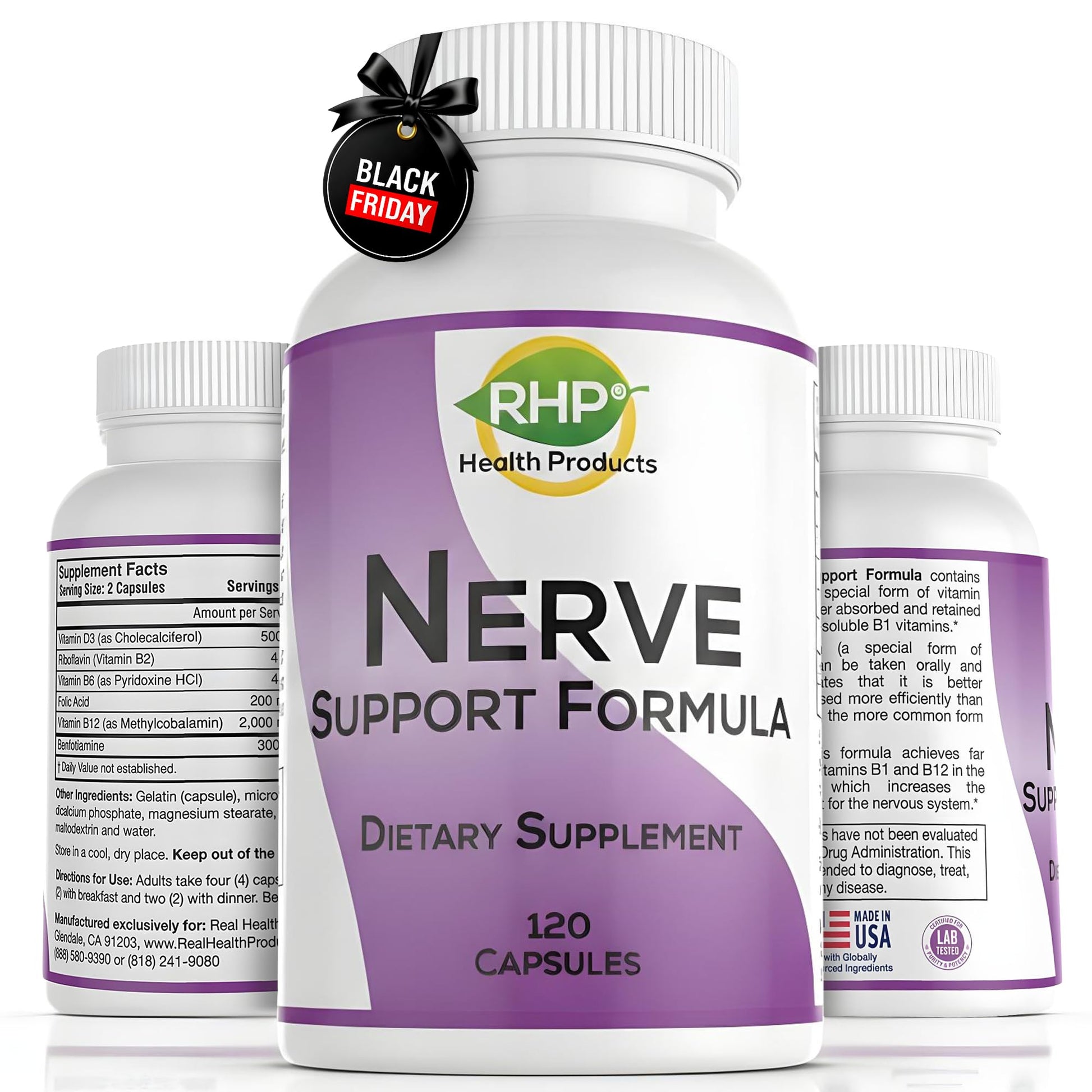 RHP Nerve Support Formula. Nutritional Support of Neuropathy, Nerve Relief from Aches, Nerve Pain & Discomfort. B-Complex with Benfotiamine and Methyl B12. 120 Capsules RHP Au supplements