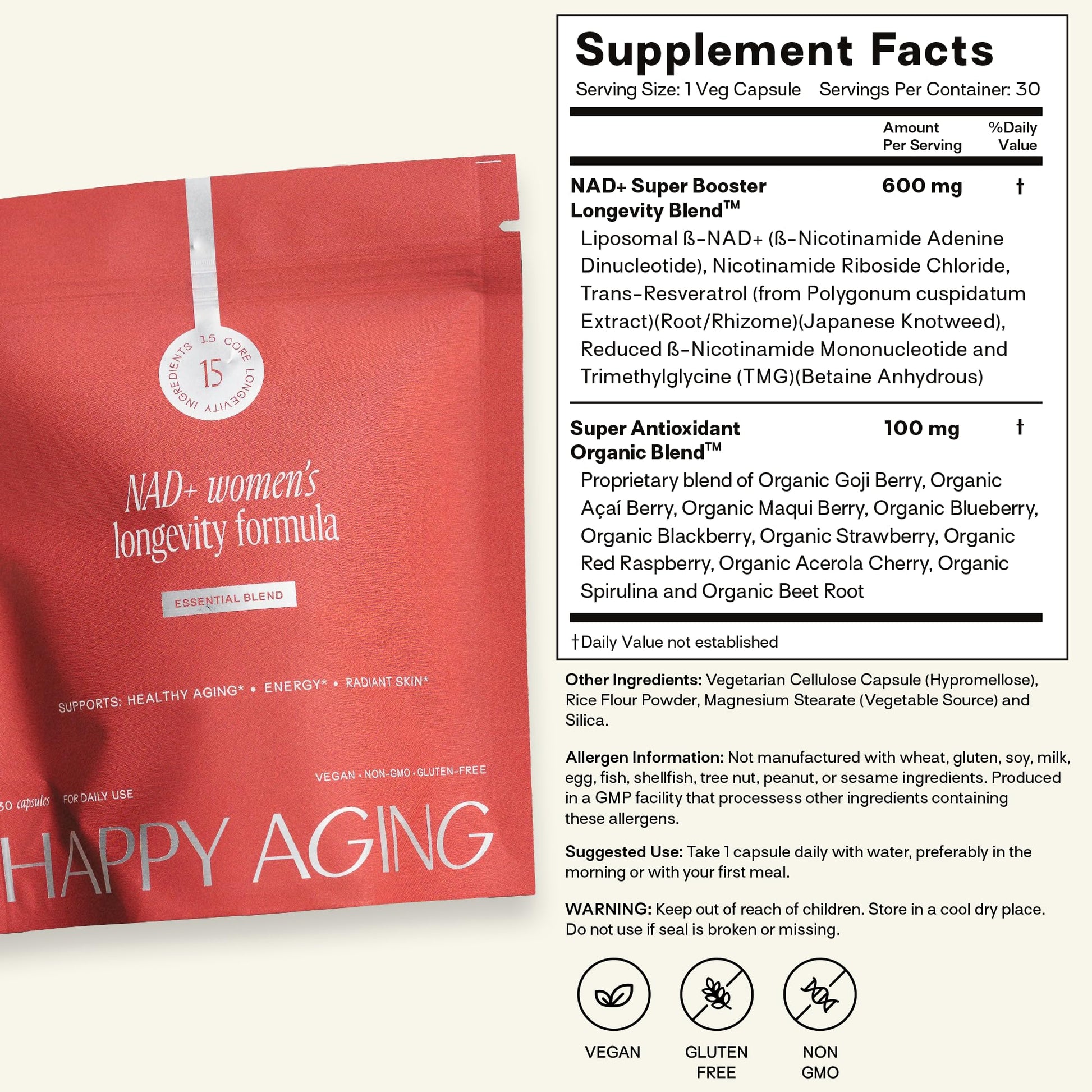 Happy Aging Essential Longevity Formula, NAD+ Super Booster with NR, NMNH & Liposomal β-NAD+, Organic Antioxidant Superfruit Blend for Cellular Energy, Skin Hydration & Daily Vitality, 30 Capsules Happy Aging Au supplements