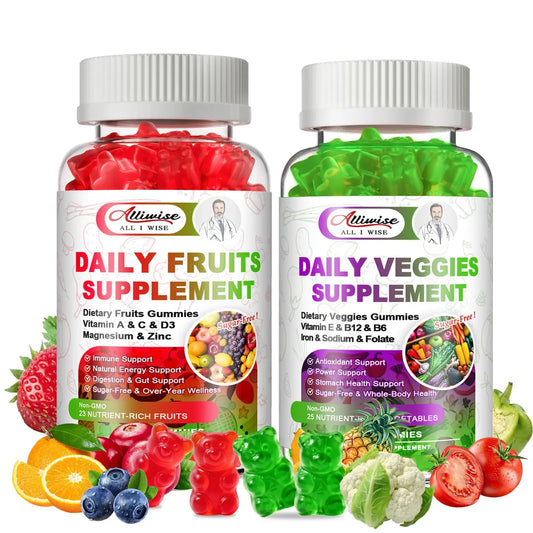 Sugar-Free Fruits & Veggies Gummies, Super Greens with 23 Fruits & 25 Veggies, Multivitamin Minerals & Fiber, Vegan Fruit & Vegetable Supplement for Adults, 120 Gummies, 2 Month Supply AlliwiseAU supplements