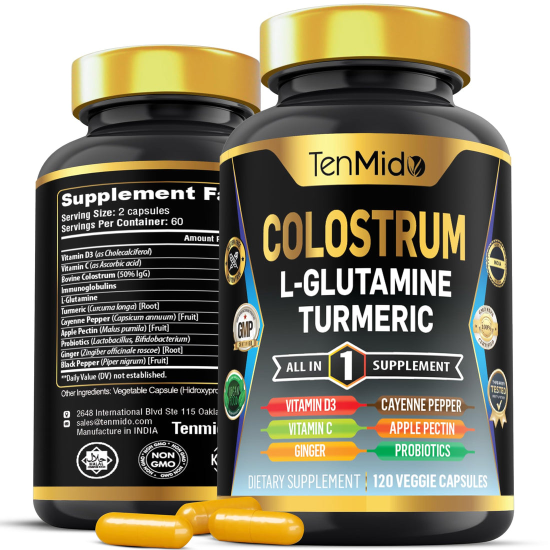 Tenmido Colostrum Supplement - 10in1 Formula - Combine with L- Glutamine, Turmeric, Cayenne Pepper, Apple Pectin, Probiotics, Ginger, and More - Digestive Health, Immune Support - 120 Capsules Tenmido Au supplements