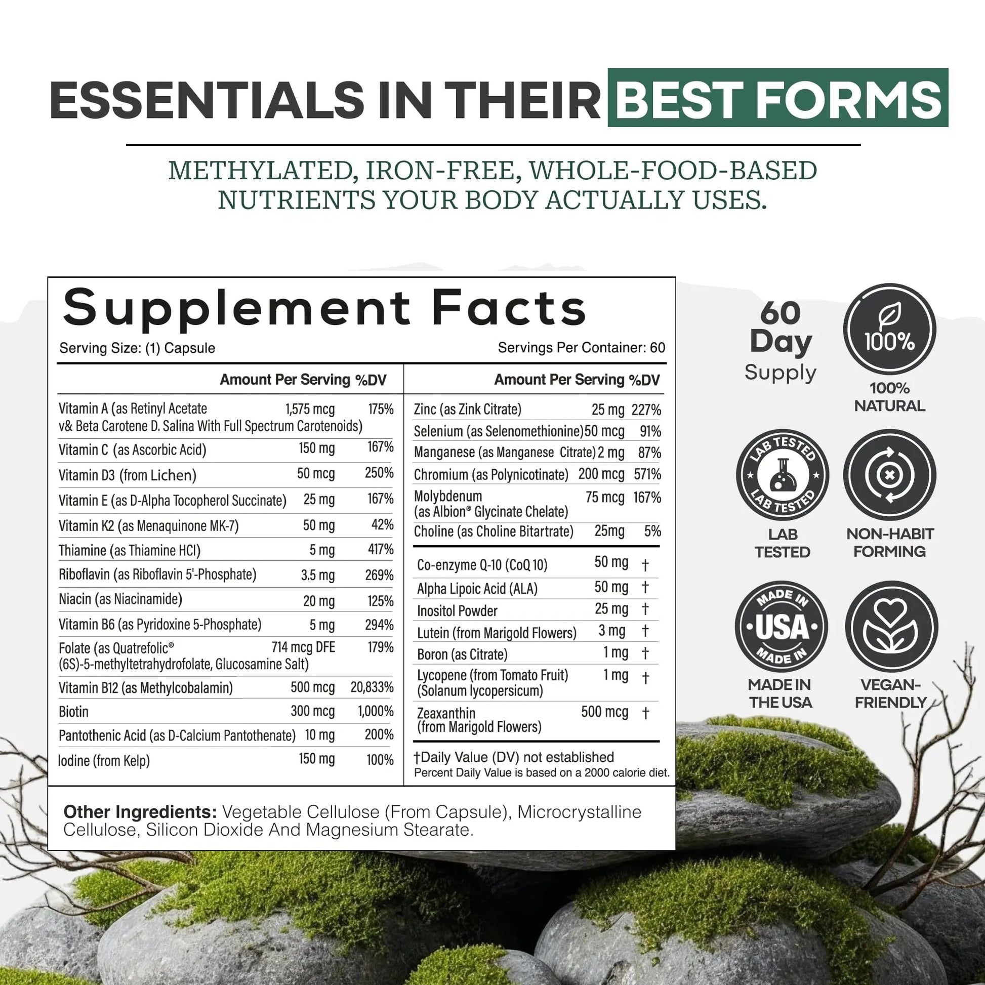 Wild Methylated Multivitamin for Women & Men | Daily Multi Vitamin | MTHFR Supplement Without Iron | Methylated B12, Folate, Vitamin C, A, K2, D, E Wild Foods Au supplements
