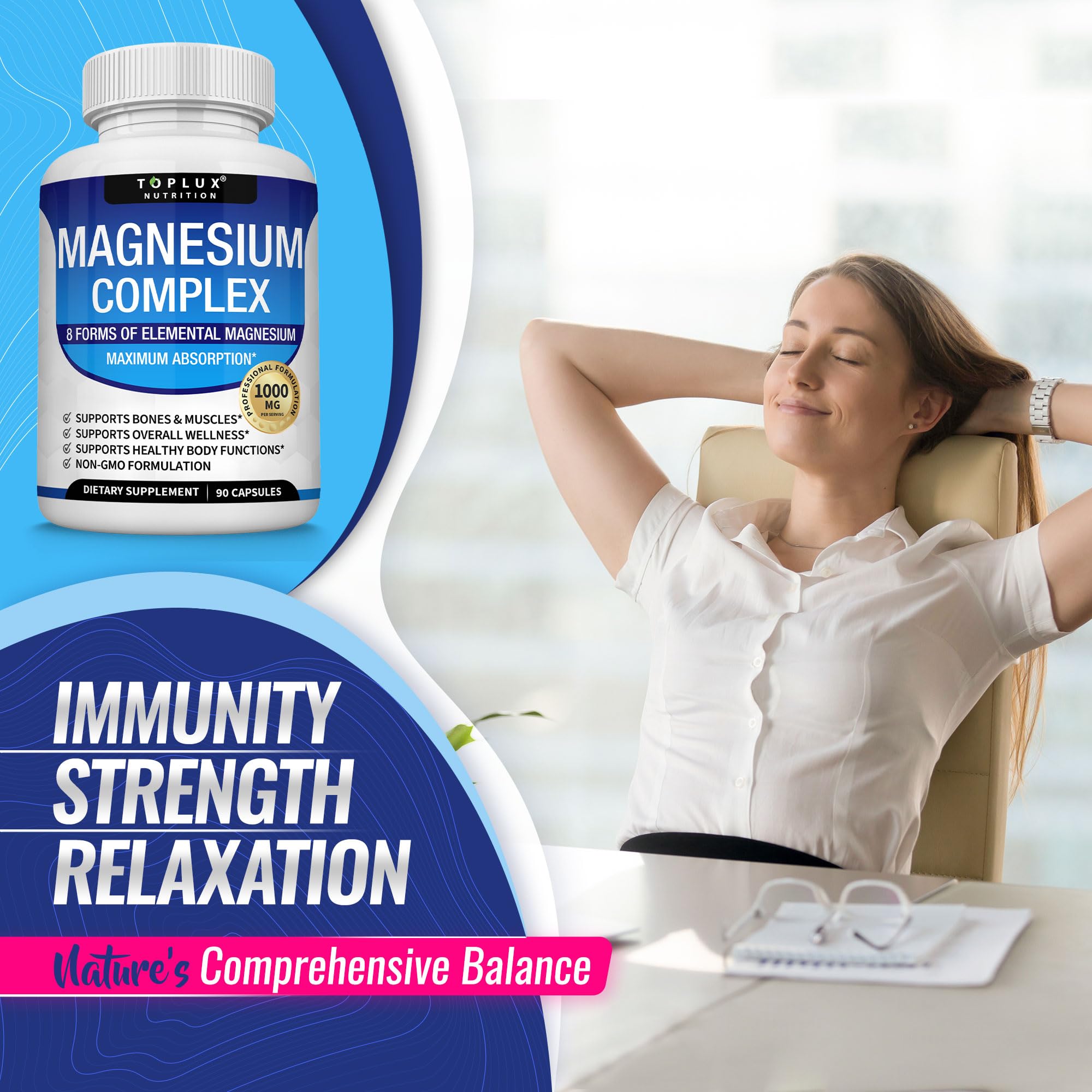 Magnesium Complex Supplement 8 Elemental 1000mg - Magnesium Glycinate, Citrate, Malate, Taurate, Chelated for Easy Absorption for Bones, Muscle, Recovery, Energy, Vegan Non-GMO 90 Capsules Toplux Au supplements