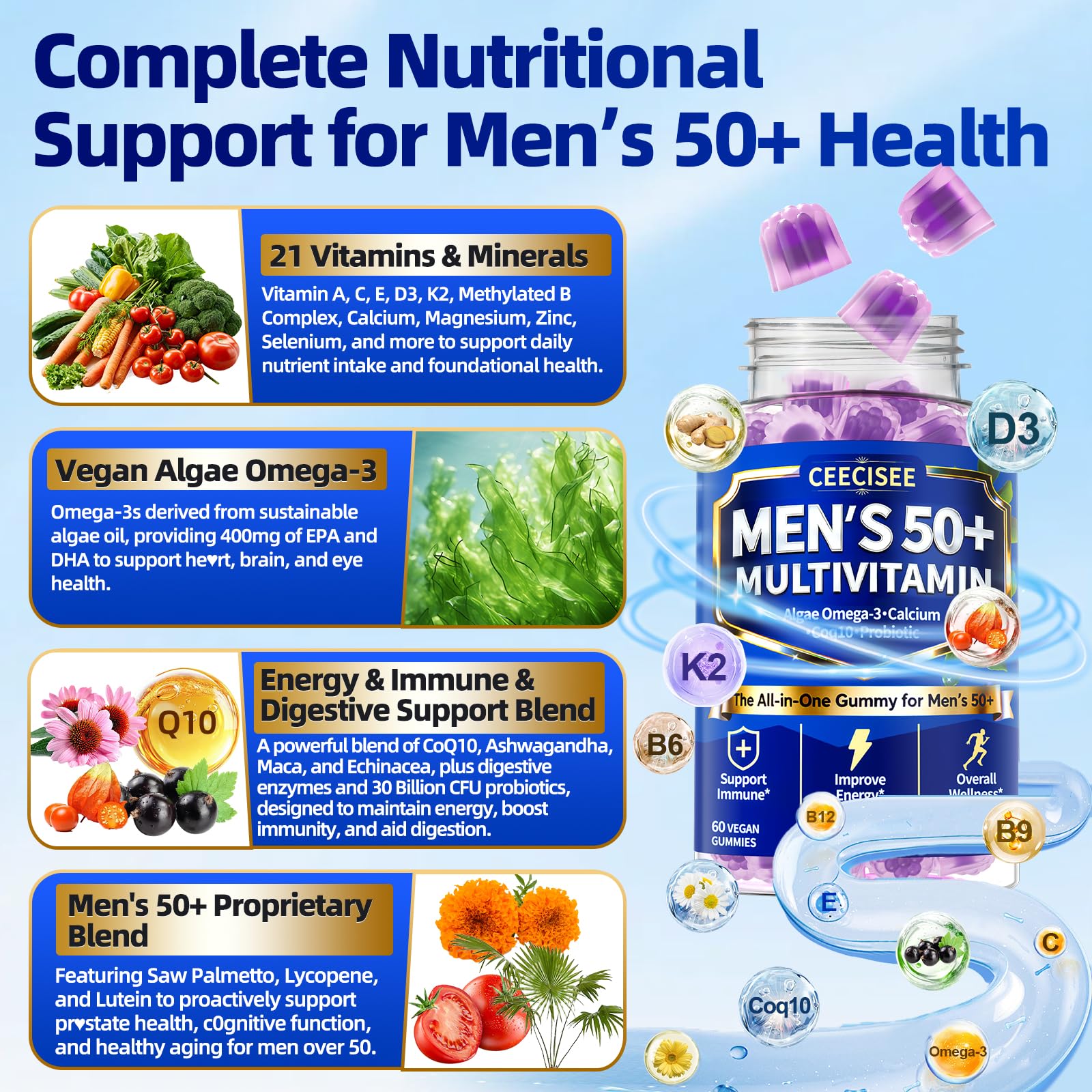 Ceecisee Methylated Multivitamin for Men Over 50: Daily Mens Multivitamins Gummies with Omega Probiotic Magnesium Zinc Vitamins D3 B12 - Energy Immune Support No Iron Vitamins Gummy for Men(60Count) Ceecisee Au supplements