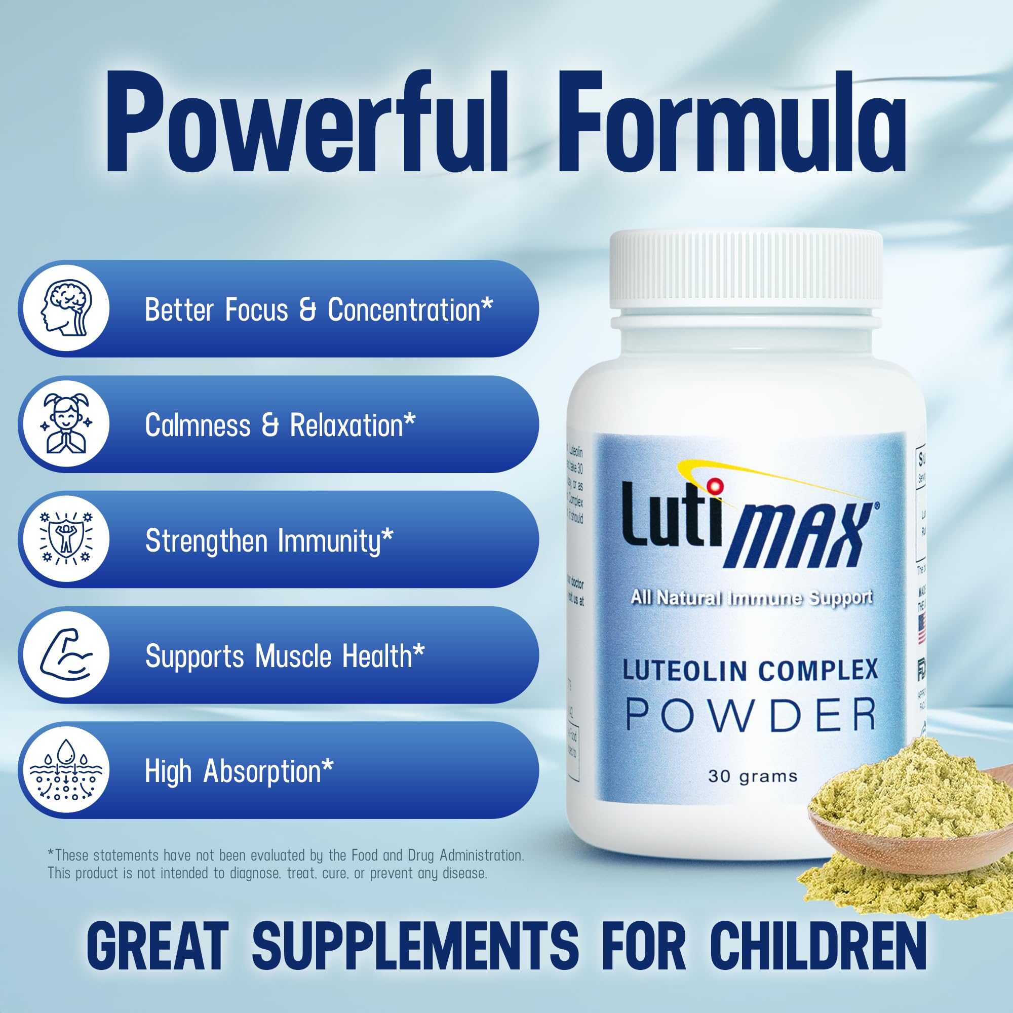 Lutimax Luteolin Complex Powder Brain Supplement with Rutin - Nootropic Brain Supplements for Memory and Focus to Improve Brain Health - Antioxidant Supplement for Immune Support - 100 Servings Solo Luti Au supplements