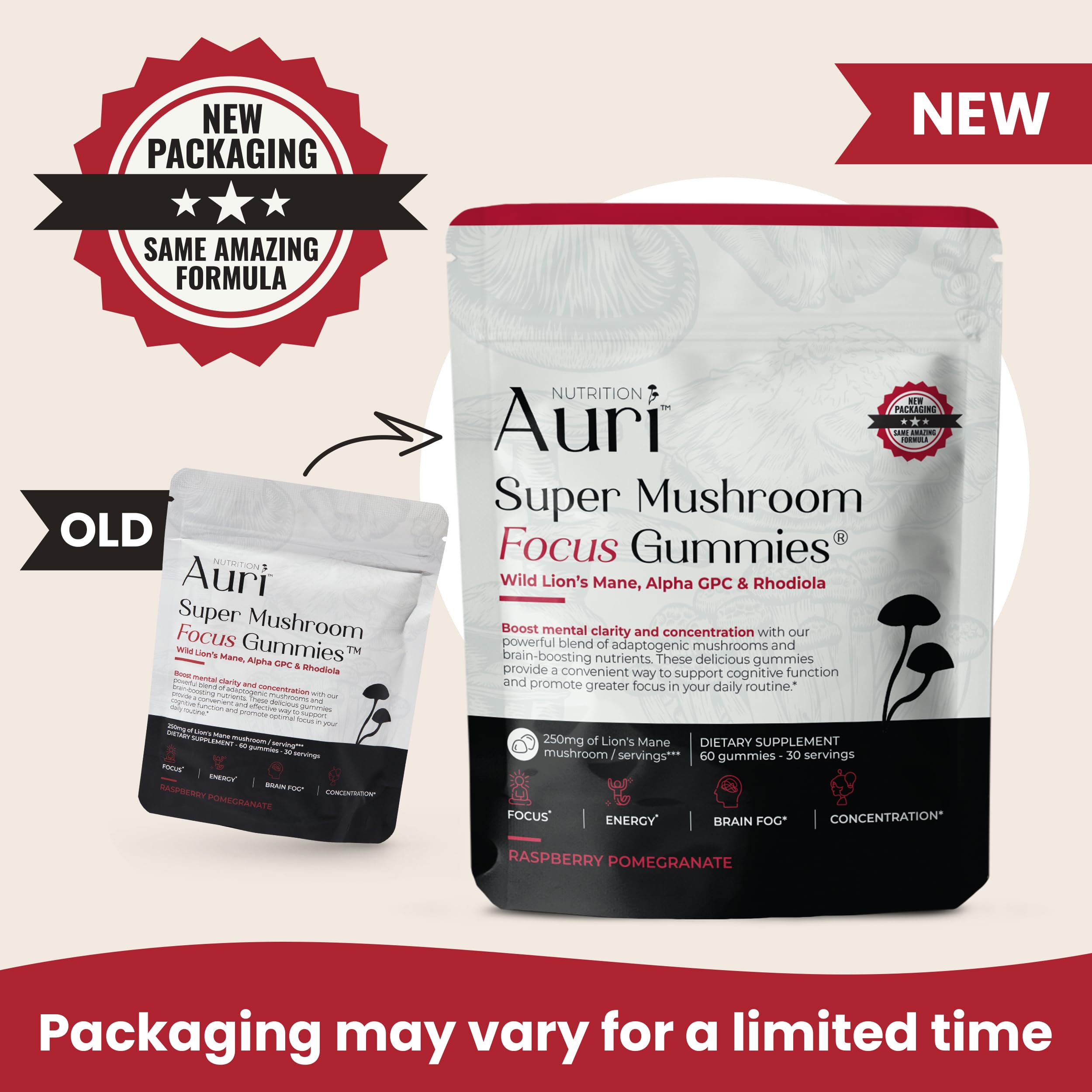 Auri Nutrition Super Mushroom Focus Gummies w/Lion's Mane, Alpha GPC & Rhodiola – Mushroom Supplement to Support Cognitive Function, Mental Clarity, Focus & Energy