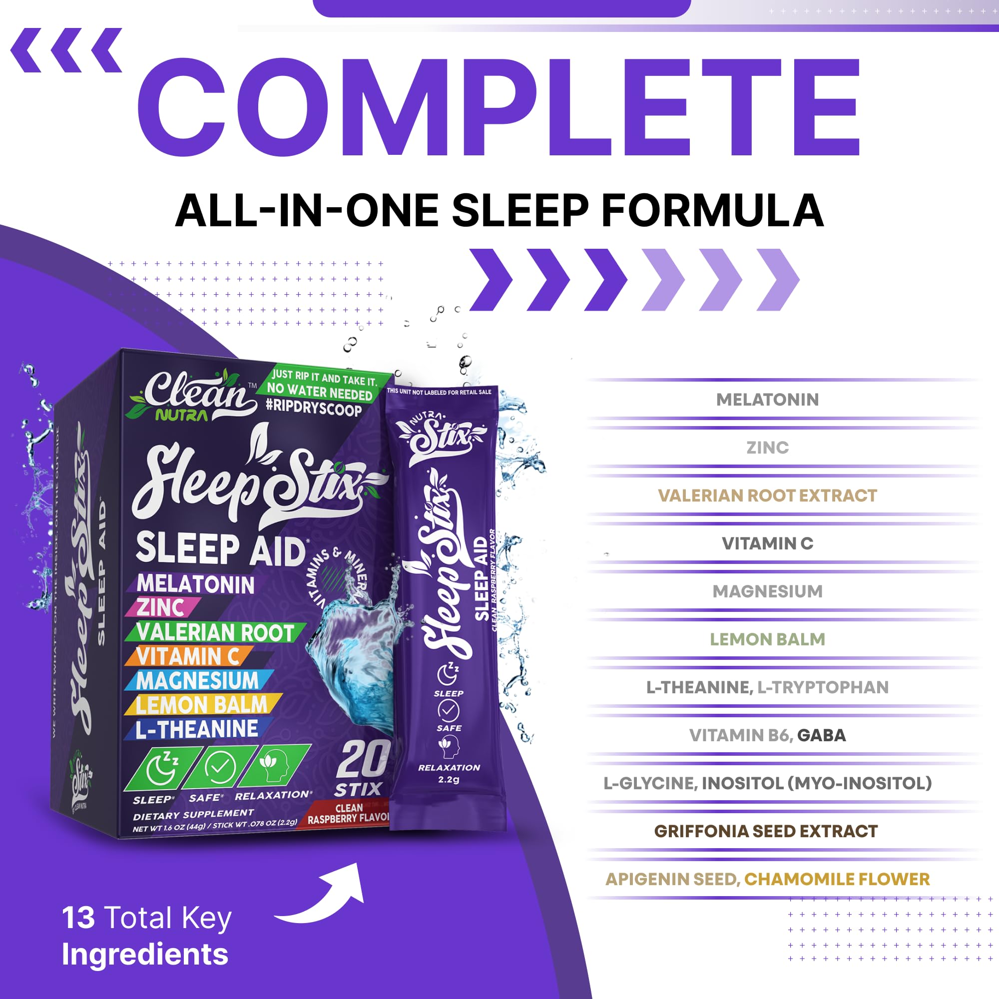 Sleep Aid Melatonin Powder Tryptophan Glycine Valerian Root Magnesium For Sleep Lemon Balm L Theanine Magnesium Glycinate Zinc Sleep Aid Myo Inositol GABACalm B6 5 HTP Stress Relief 20 Stix Clean Nutraceuticals Au supplements