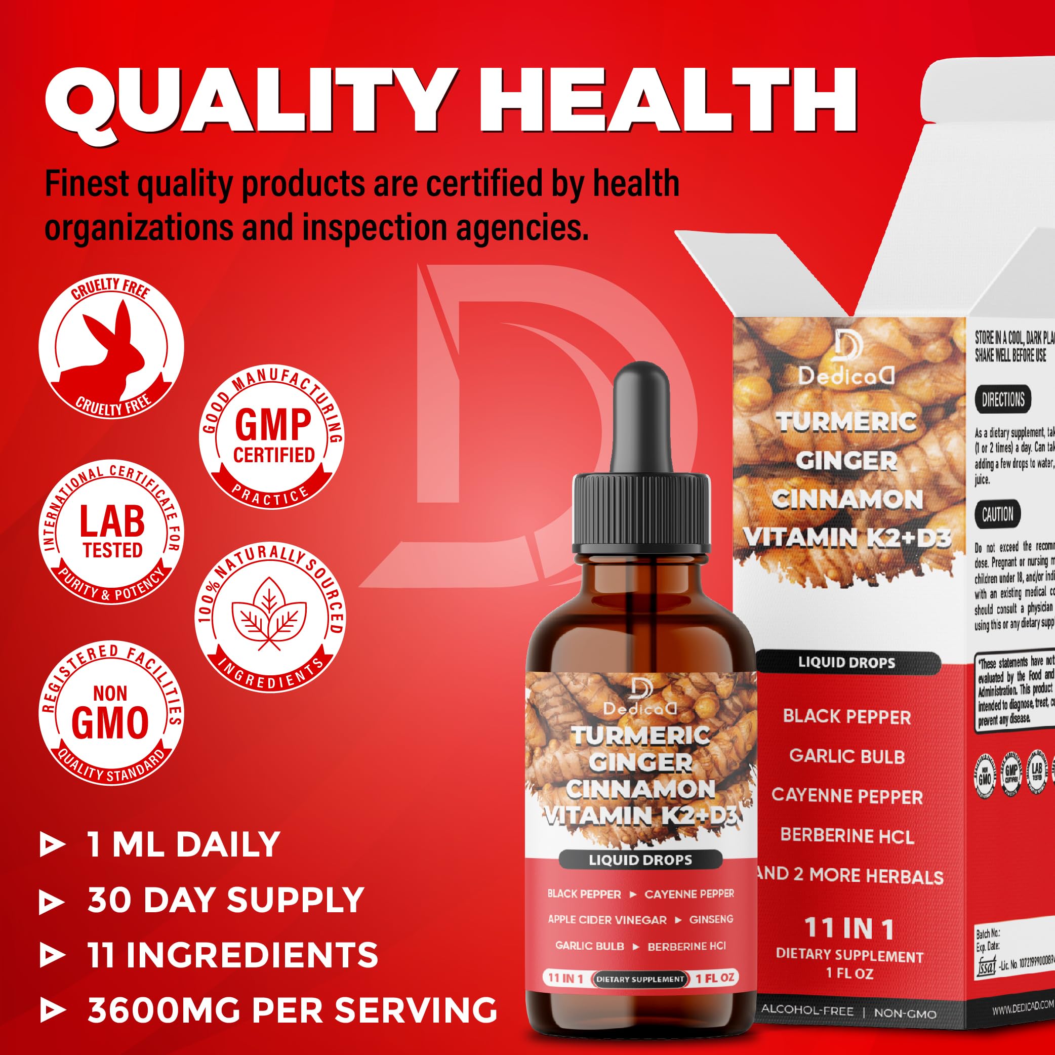 11in1 Liquid Turmeric Supplement – with Ginger, Garlic, Ceylon Cinnamon, Berberine, Ginseng, Apple Cider Vinegar – 1 Fl Oz – 30 Servings DEDICAD Au supplements