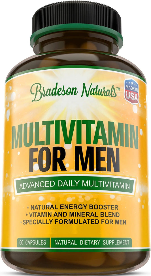 Bradeson Naturals Men's Multivitamin Supplement for Energy, Focus and Performance. Mens Vitamins A, C, D, E & B12, Zinc, Calcium, Magnesium & More. Multi Vitamin 60 Capsules Made in The USA Bradeson NaturalsAU supplements
