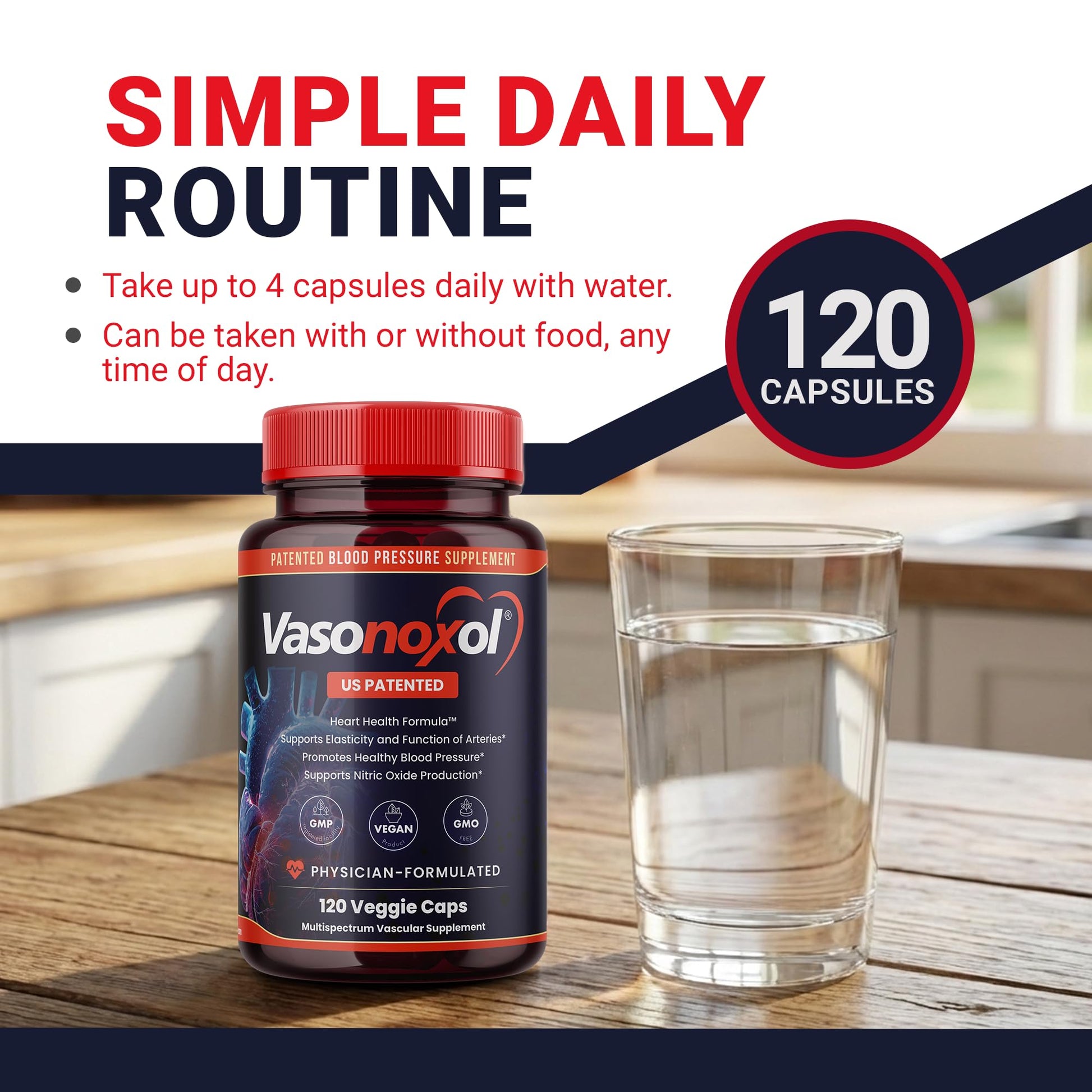 Vasonoxol U.S. Patented Nitric Oxide Supplement for Blood Pressure Support 2880mg - Physician Formulated Vascular Health Formula with L-Arginine & L-Citrulline - Vegan, Non-GMO (120 Capsules) Panoxol Au supplements