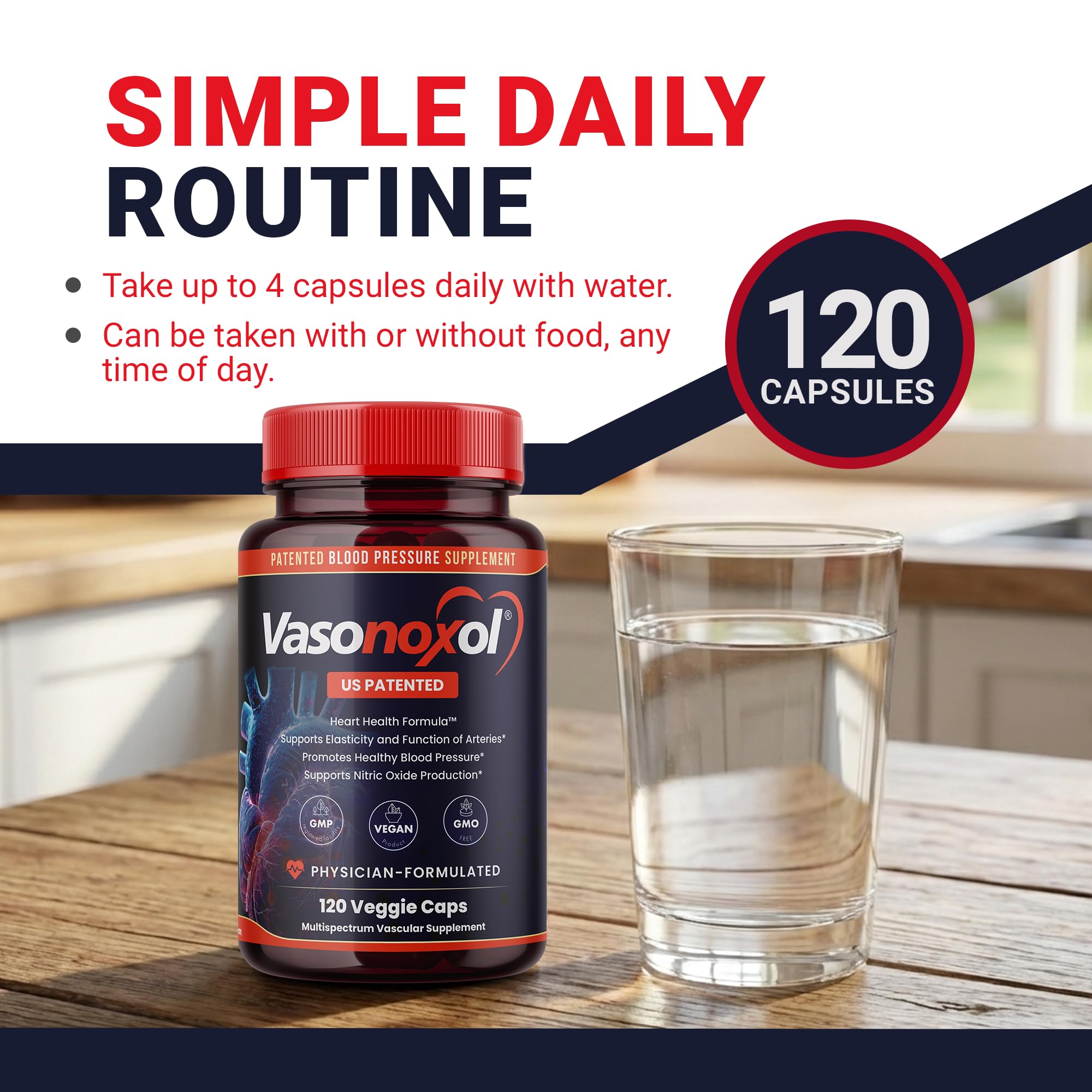 Vasonoxol U.S. Patented Nitric Oxide Supplement for Blood Pressure Support 2880mg - Physician Formulated Vascular Health Formula with L-Arginine & L-Citrulline - Vegan, Non-GMO (120 Capsules) Panoxol Au supplements