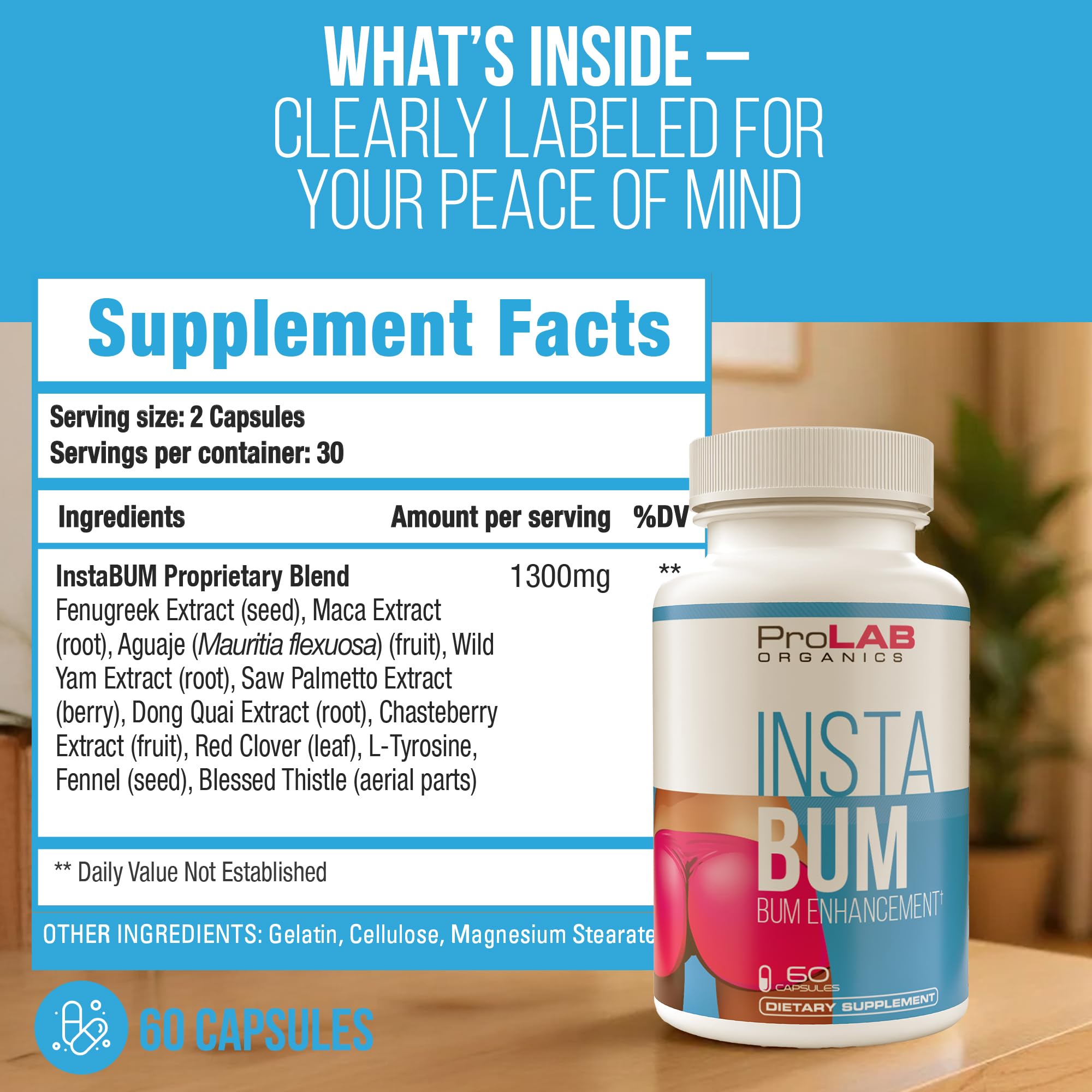 ProLab Organics InstaBum Bum Enhancement Pills – Lift, Shape, and Fill Glutes – Fast Growth for Bigger Butt and Hips – No Gummies. Visible Results in 1-2 Weeks ProLab Organics Au supplements