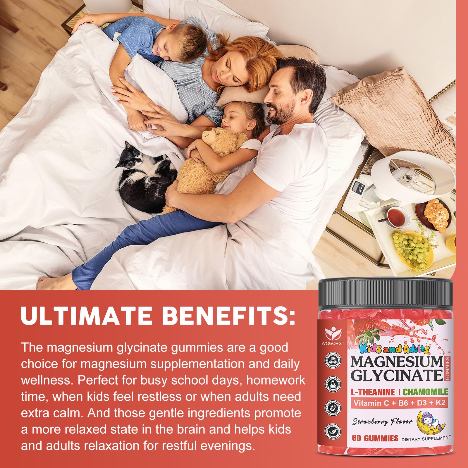 Magnesium Glycinate Gummies for Kids & Adults - Relaxation & Cognition Support - 400/200mg Magnesium Supplement with L-Theanine, Chamomile, B6, D3 & K2 - Vegan, Sugar Free, Strawberry Flavor, 60 Ct WOGORGT Au supplements