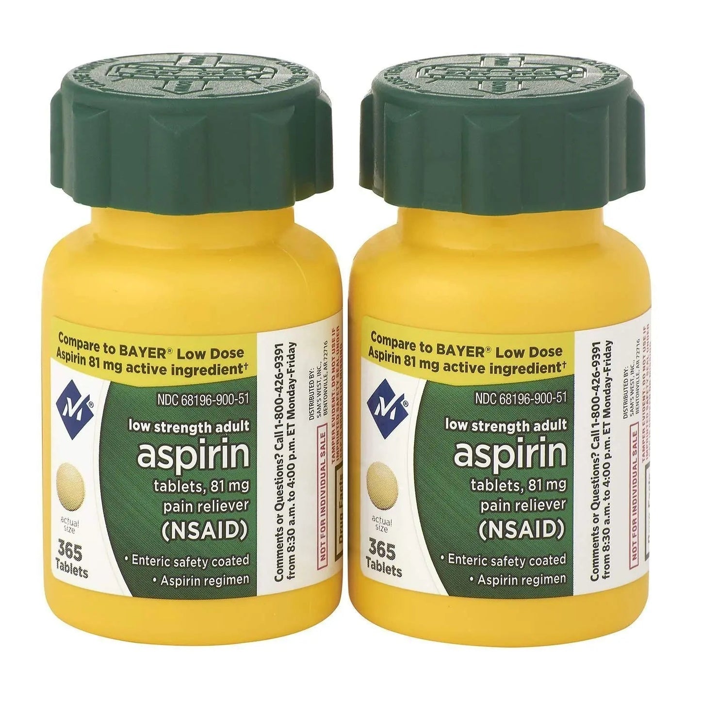 Sam's West Member's Mark Low Strength Adults Enteric Safety Coated Aspirin Regimen Tablets Pain Reliever NSAID, 81 mg, 2 Bottles, 730 Tablets MEMBER´S MARKAu supplements