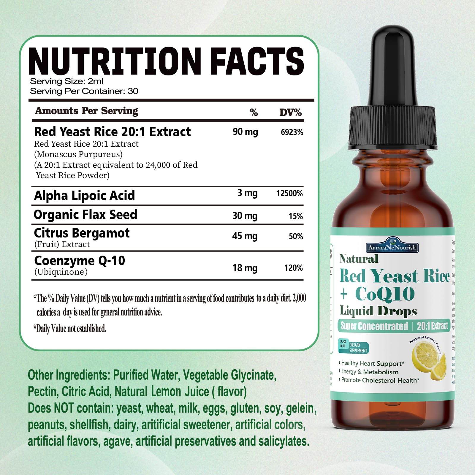Liposomal Red Yeast Rice with Coq10 Liquid Drops, 5-in-1 Extra Strength 1200mg Cholesterol & Heart Support w. Citrus Bergamot Alpha Lipoic Acid | Cholesterol Lowering Supplement | GMO & Citrinin Free AuraraNeNourish Au supplements
