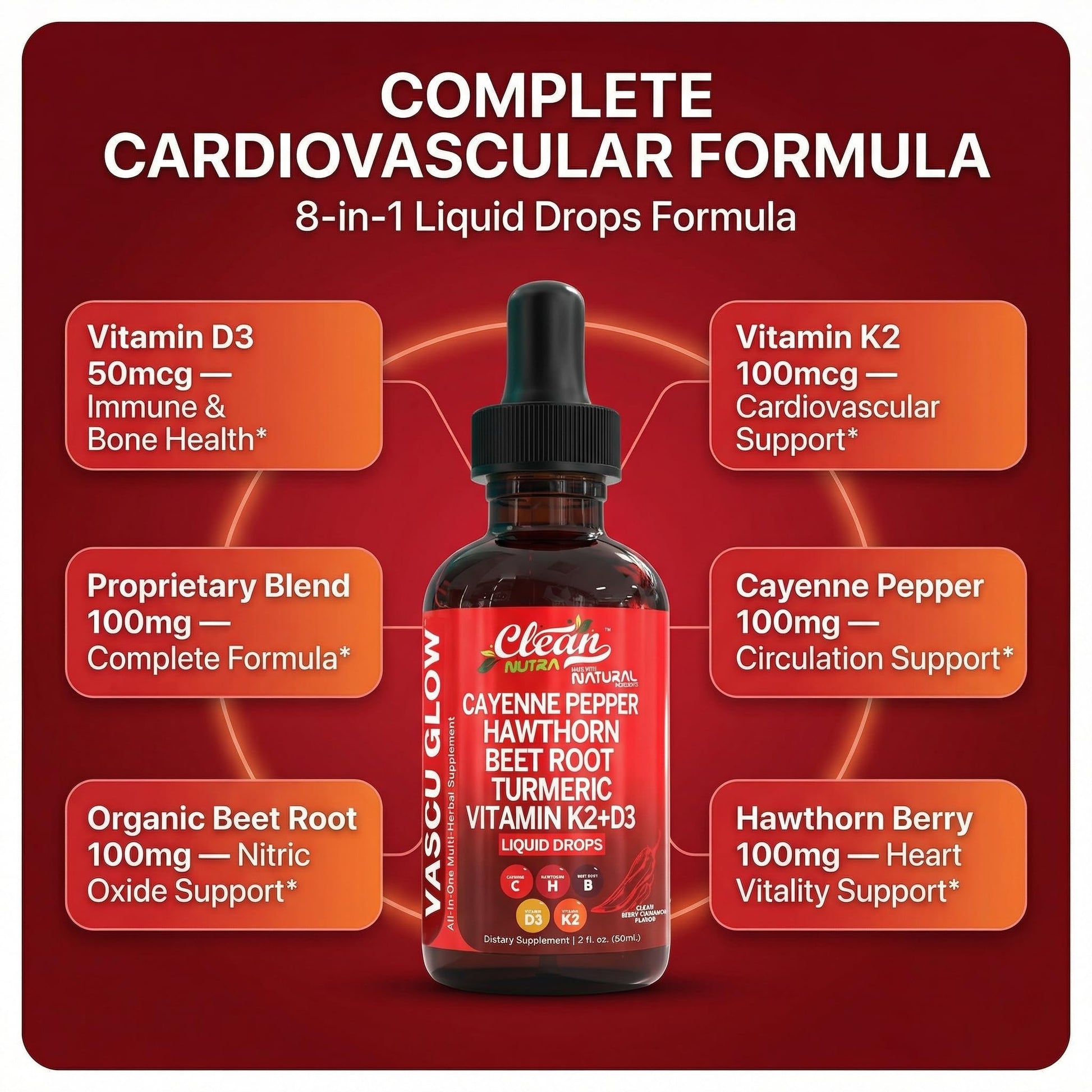 Clean Nutra Cayenne Pepper Drops Supplement Liquid + Hawthorn Berry, Vitamin D3 K2 Beet Root Powder, Ceylon Cinnamon, Turmeric Curcumin, Organic Panax Ginseng, Berberine Extract 1 Pack Clean Nutraceuticals Au supplements