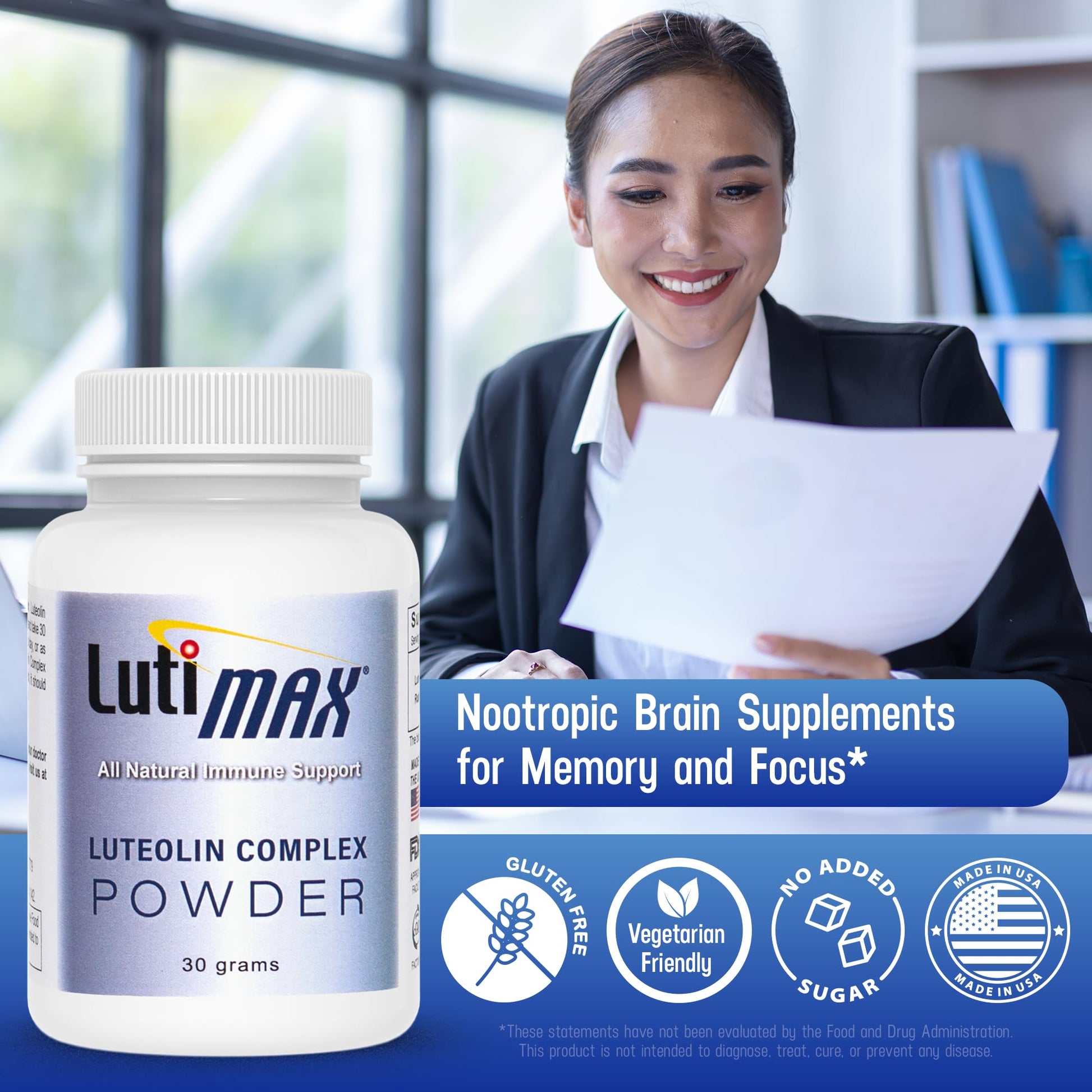 Lutimax Luteolin Complex Powder Brain Supplement with Rutin - Nootropic Brain Supplements for Memory and Focus to Improve Brain Health - Antioxidant Supplement for Immune Support - 100 Servings Solo Luti Au supplements