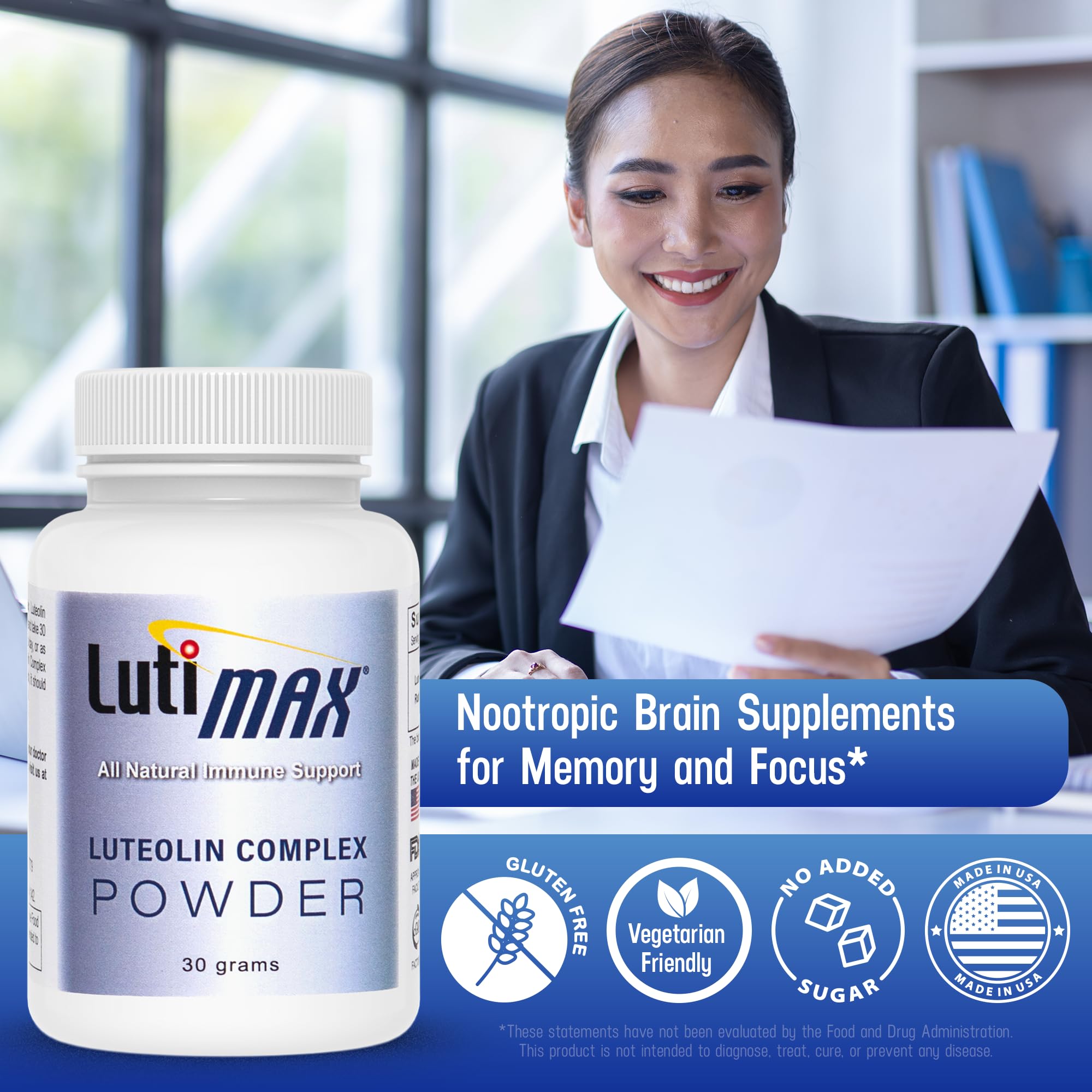 Lutimax Luteolin Complex Powder Brain Supplement with Rutin - Nootropic Brain Supplements for Memory and Focus to Improve Brain Health - Antioxidant Supplement for Immune Support - 100 Servings Solo Luti Au supplements