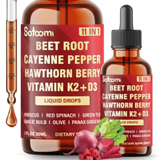 11in1 Beet Root Liquid Drops Supplement with Formula with D3, K2, Hawthorn, Red Spinach, Garlic & Green Tea and More - Supports Immune & Vitality - 1 FL Oz - for 60 Days SatoomiAu supplements