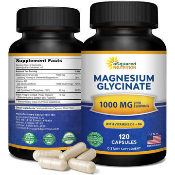 Magnesium Glycinate 1000mg with Vitamin D3 & B6-500mg per Capsule - Pure Elemental Mag Supplement Complex for Sleep, Muscle, Bone Health - Replace Gummies, Tablets & Powder - 120 Capsules aSquared Nutrition Au supplements