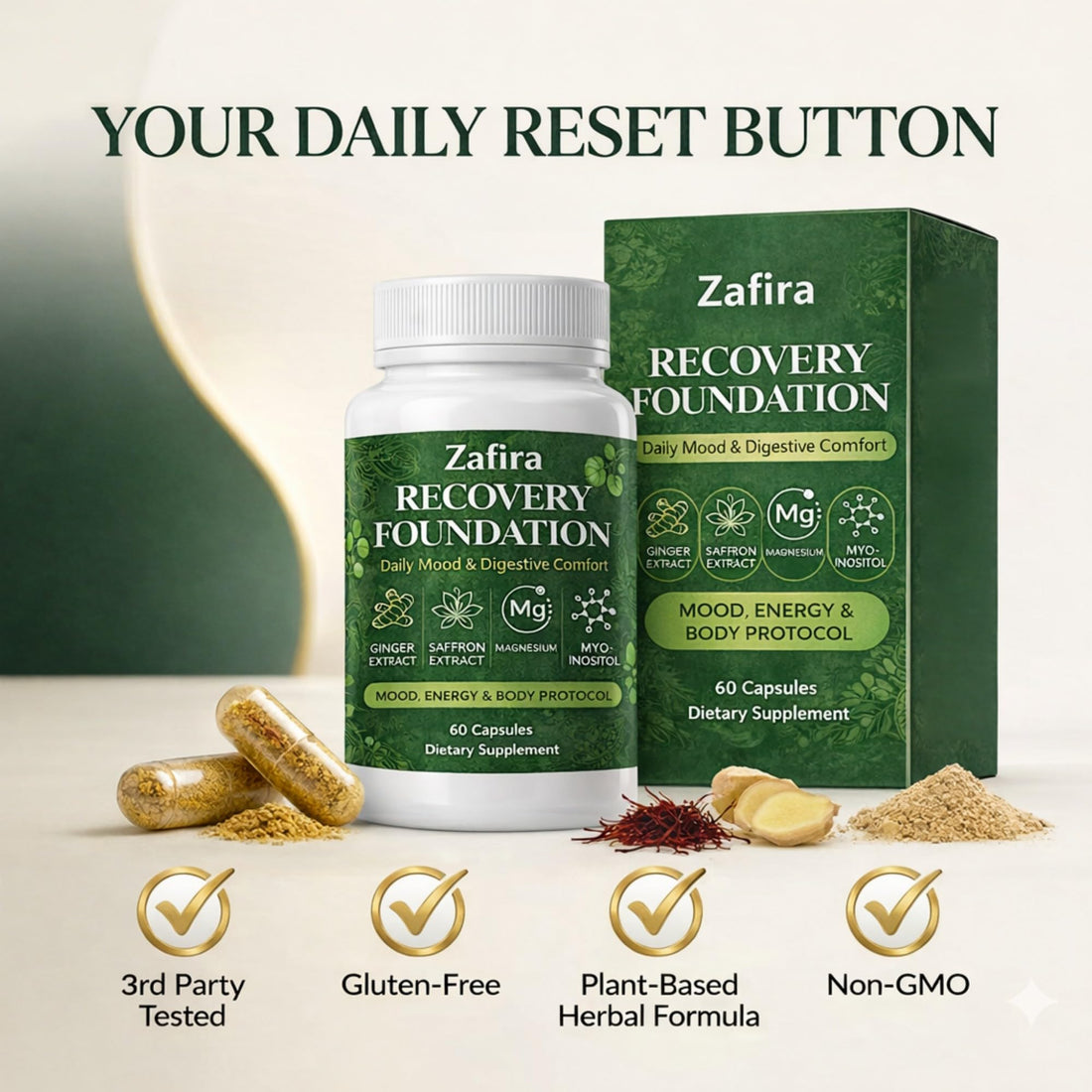 DYDUON Zafira Recovery Foundation Capsules – Mental Clarity, Hair & Mood Support, Natural Herbal Formula with Saffron Extract, Ginger Extract, L-Theanine, Myo-Inositol, Non-GMO, 60 Capsules DYDUON Au supplements