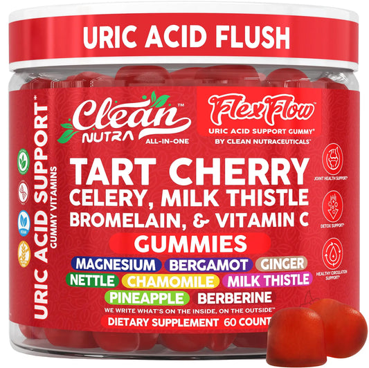Clean Nutra Tart Cherry Gummies Uric Acid Flush Celery Milk Thistle Bromelain Vitamin C Magnesium Citrus Bergamot Ginger Stinging Nettle Leaf Chamomile Berberine Quercetin Support 60 Gummy Vitamins Clean NutraceuticalsAU supplements