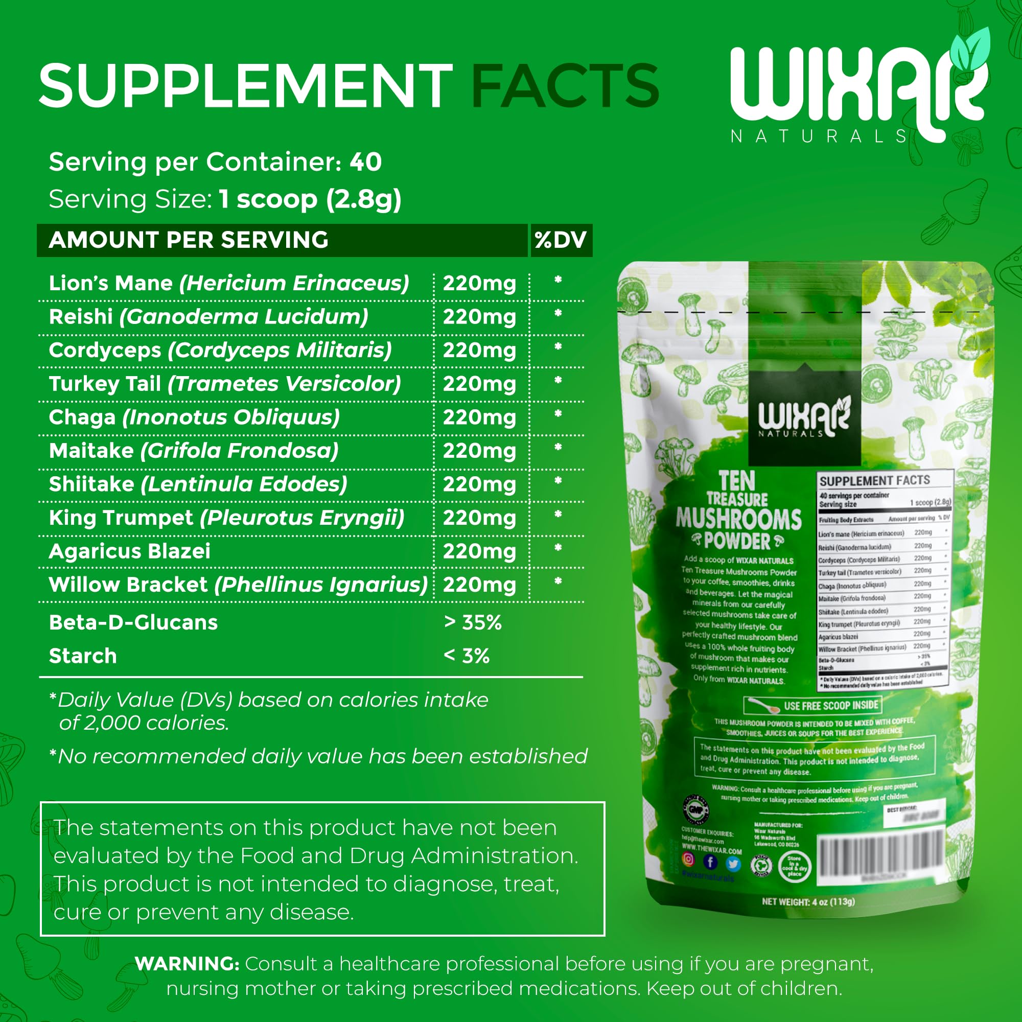 Wixar Mushroom Powder - Ten Treasure Mushrooms Extract Supplement Blend for Coffee WIXAR NATURALS Au supplements