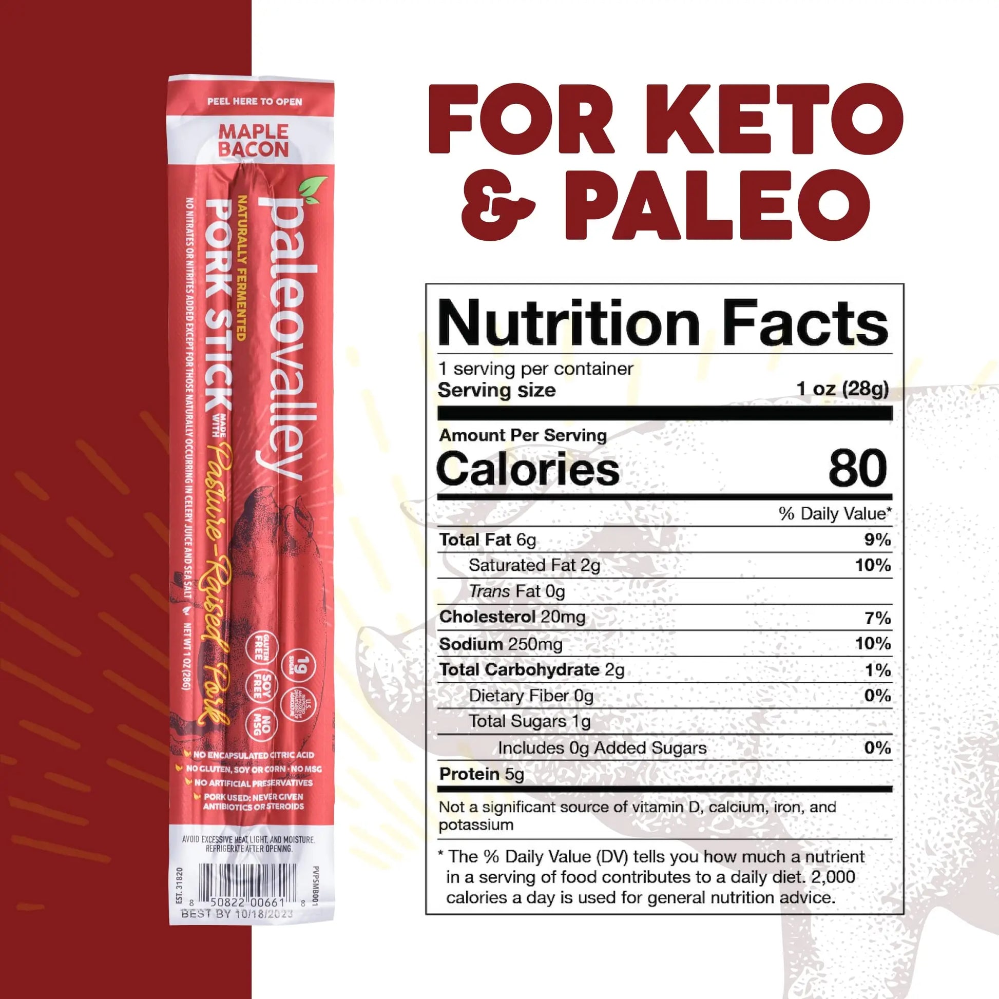 Paleovalley Pasture-Raised Pork Sticks - Maple Bacon Flavor Meat Sticks Individually Wrapped, 28g - 10 Sticks - Gluten-Free Protein Snack Paleovalley Au supplements