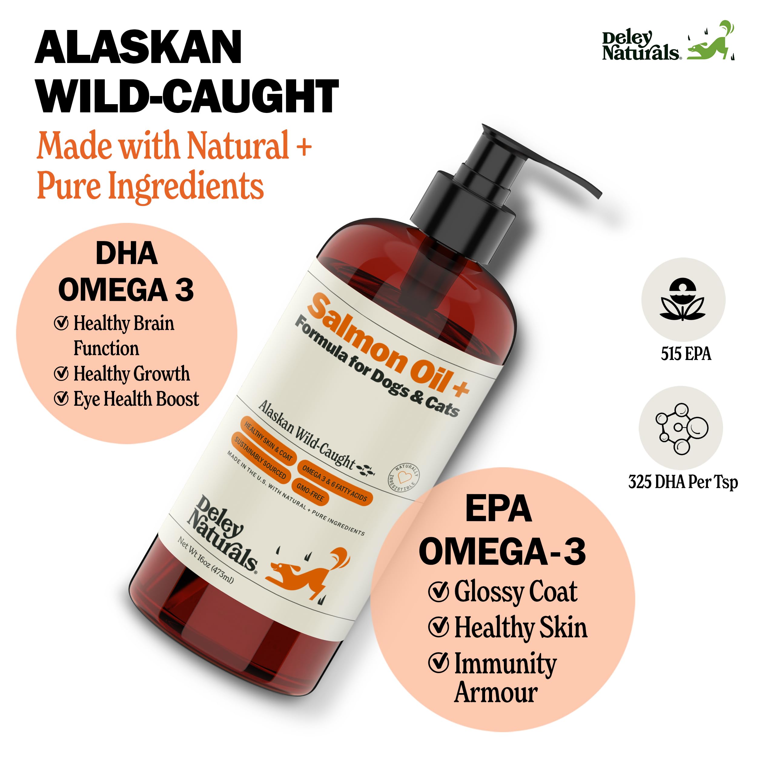 Deley Naturals Wild Alaskan Salmon Oil for Dogs & Cats - New and Improved Salmon Oil Plus Formula - Fish Oil for Dogs with Omega 3, DHA and EPA - Omega 3 for Healthy Skin and Coat - 16oz Made in USA Deley Naturals Au supplements