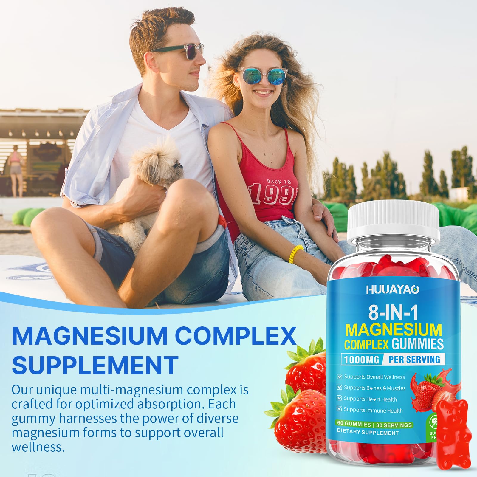 Magnesium Complex Gummies for Women Men 8 in 1, Magnesium Glycinate, Citrate, Malate, Taurate, Supports Bones, Muscle, Nerve Health, Sugar-Free, Vegan Non-GMO, Strawberry Flavor, 120 Count HUUAYAO Au supplements