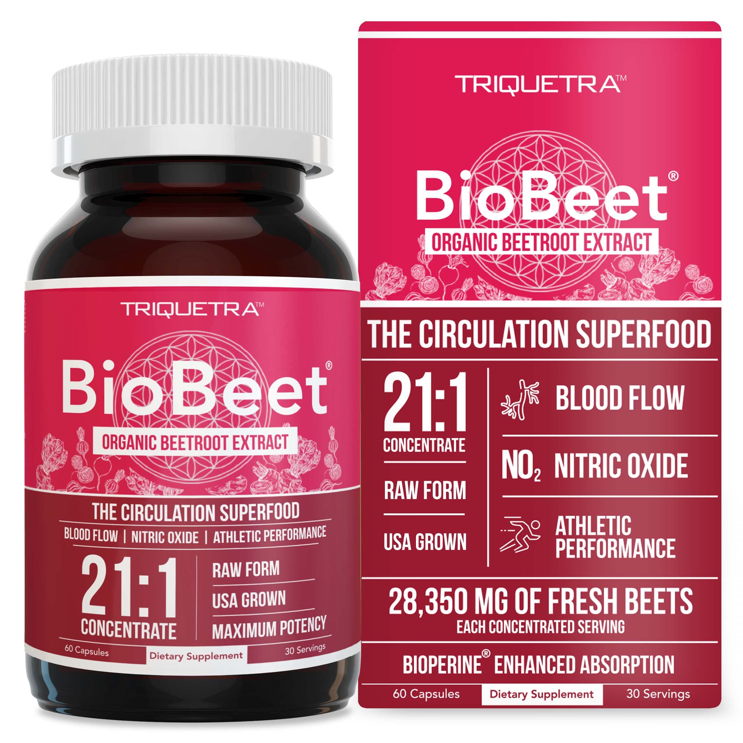 BioBeet Max Strength Beet Root Capsules - 21:1 Concentrate, Each Serving Derived from 28,350 mg Triquetra Health Au supplements