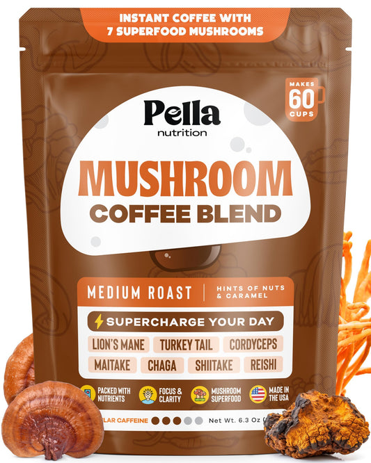 Pella Nutrition Mushroom Coffee – Lions Mane, Reishi, Chaga, Cordyceps, Shiitake, Maitake, and Turkey Tail Mushroom Supplement – Superfood Instant Pella NutritionUS supplements
