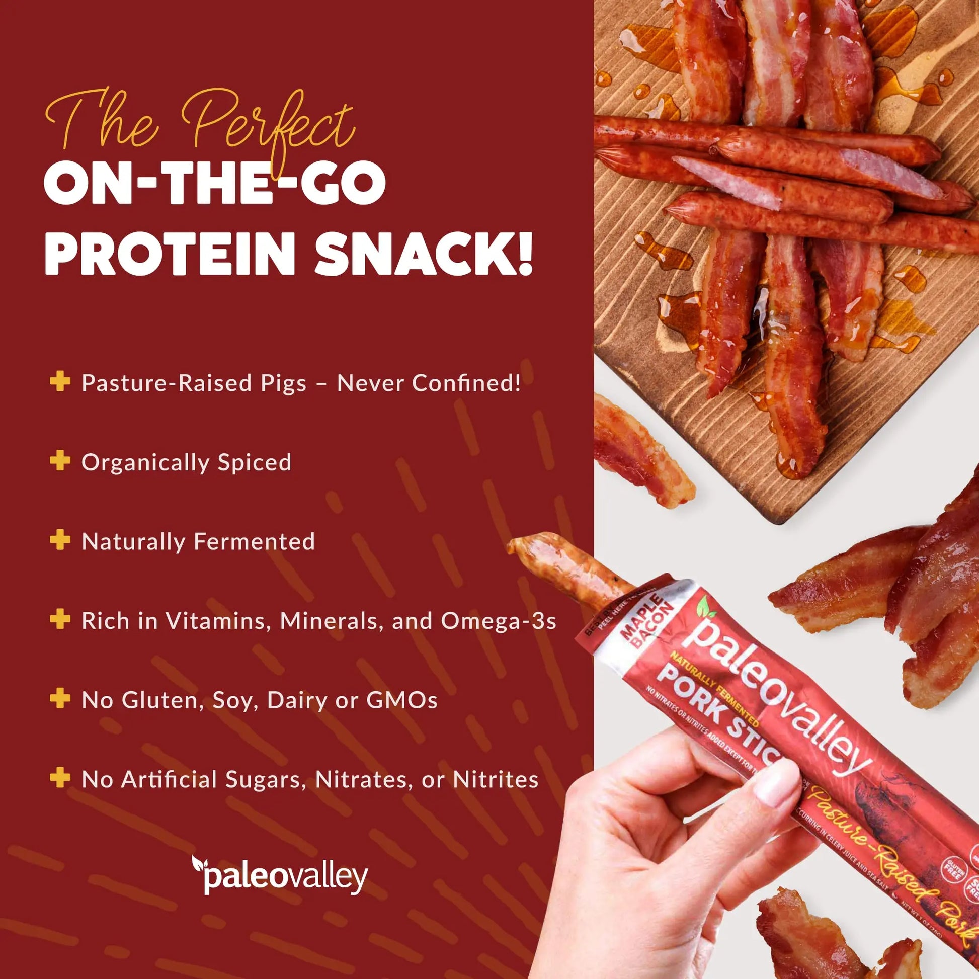 Paleovalley Pasture-Raised Pork Sticks - Maple Bacon Flavor Meat Sticks Individually Wrapped, 28g - 10 Sticks - Gluten-Free Protein Snack Paleovalley Au supplements