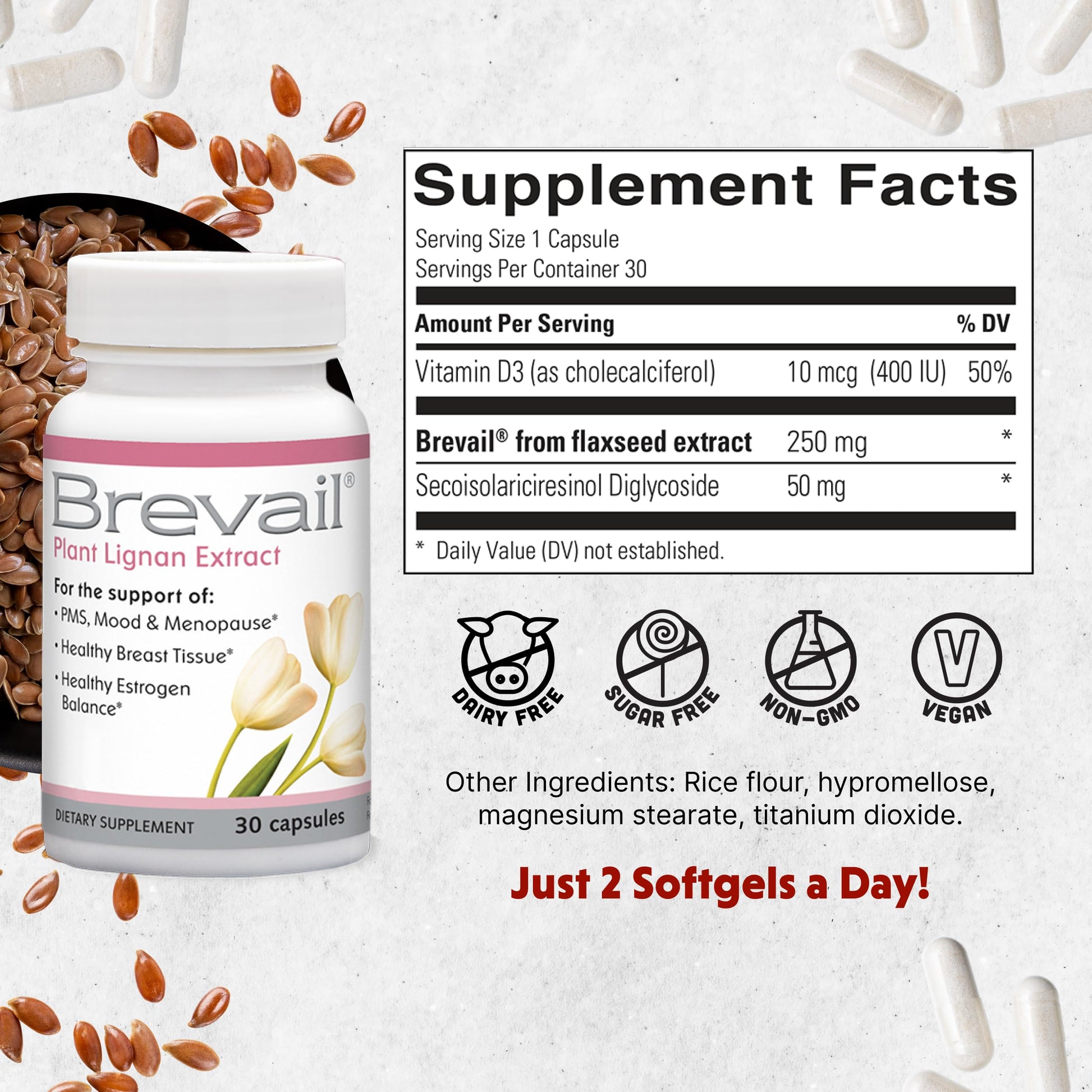 Brevail Plant Lignan Extract Capsules, Proactive Breast Health Supplement with 50 mg SDG Lignans from Flax Seed Hulls for Healthy Estrogen Balance and PMS Mood Support Pills, 30 Count Barlean's Au supplements