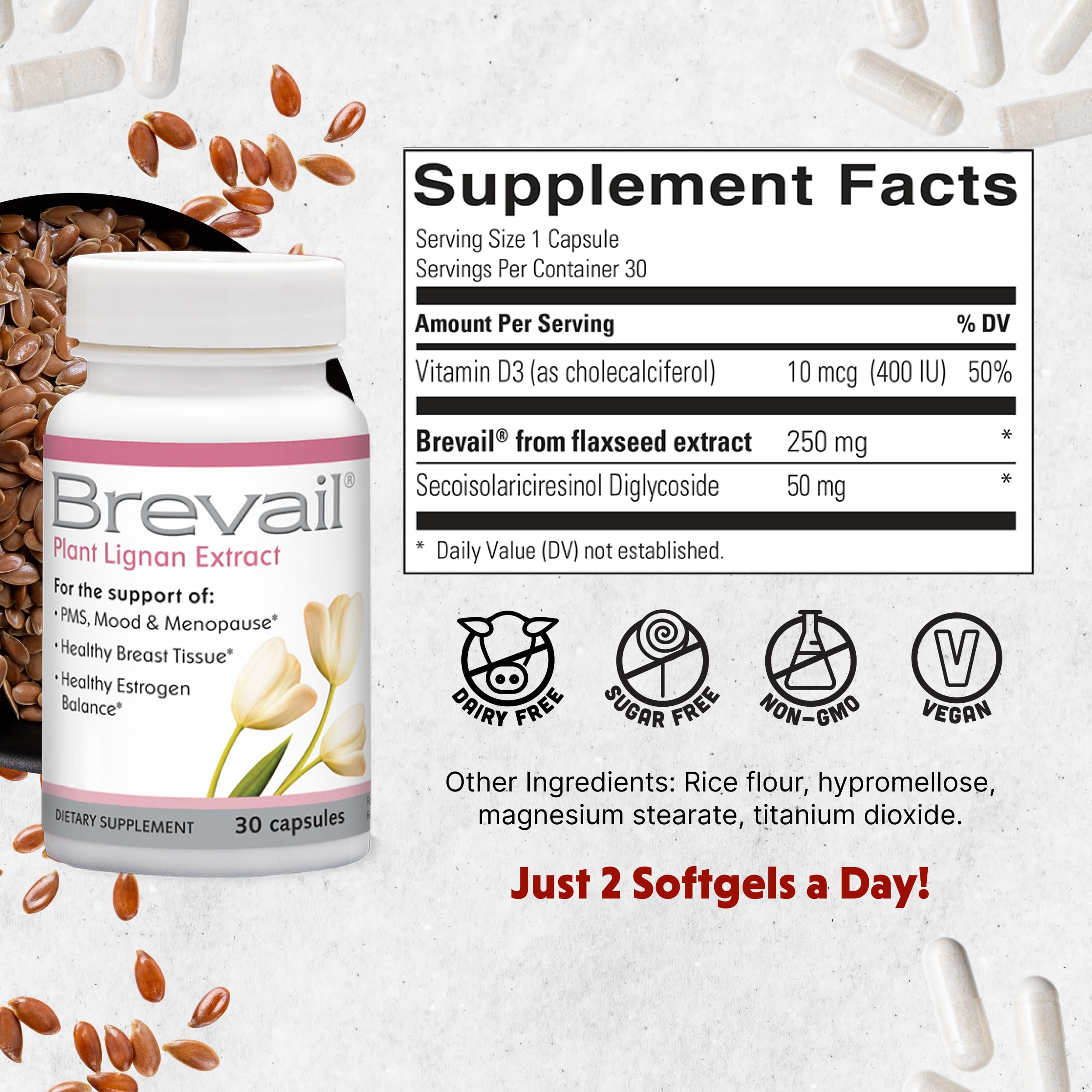 Brevail Plant Lignan Extract Capsules, Proactive Breast Health Supplement with 50 mg SDG Lignans from Flax Seed Hulls for Healthy Estrogen Balance and PMS Mood Support Pills, 30 Count Barlean's Au supplements