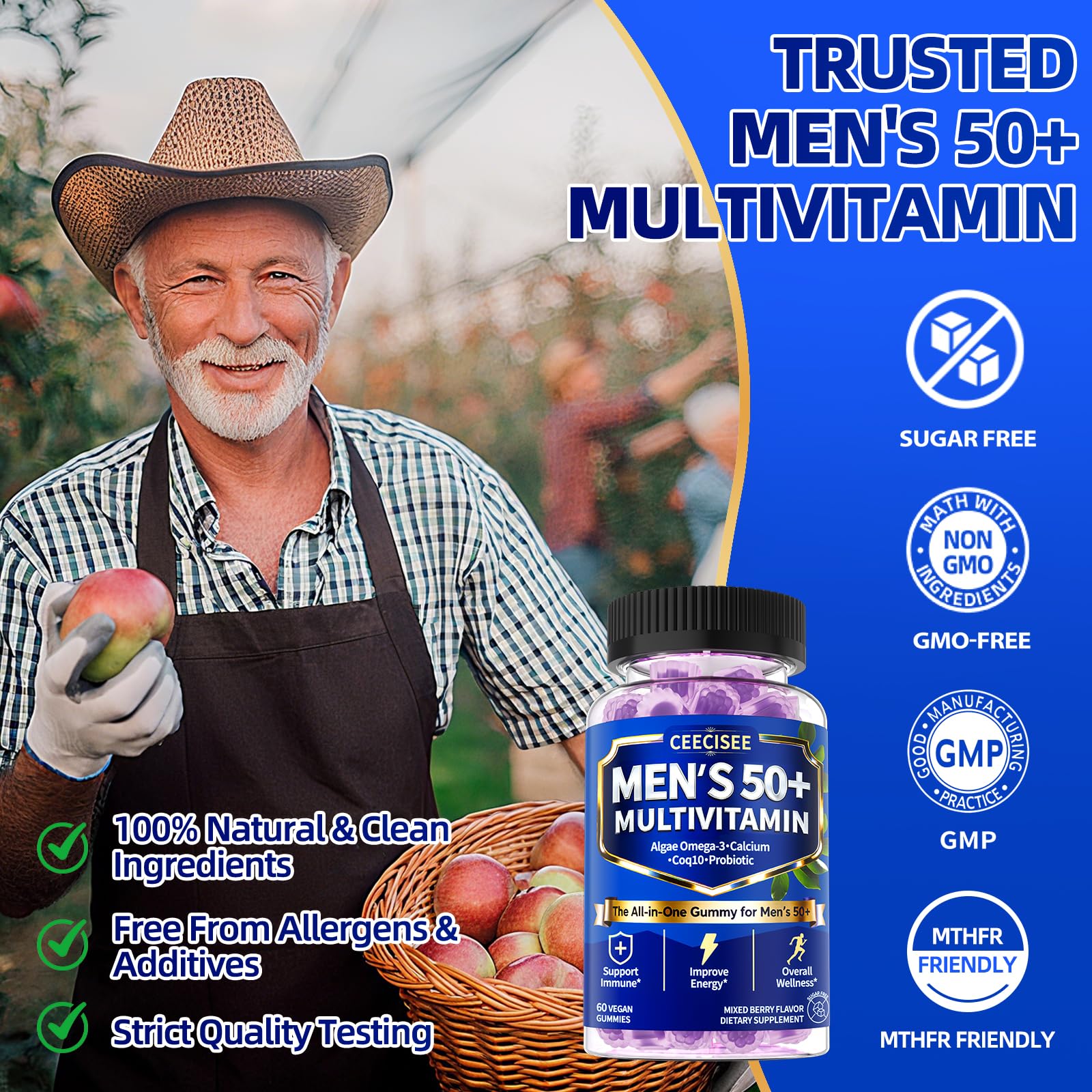 Ceecisee Methylated Multivitamin for Men Over 50: Daily Mens Multivitamins Gummies with Omega Probiotic Magnesium Zinc Vitamins D3 B12 - Energy Immune Support No Iron Vitamins Gummy for Men(60Count) Ceecisee Au supplements