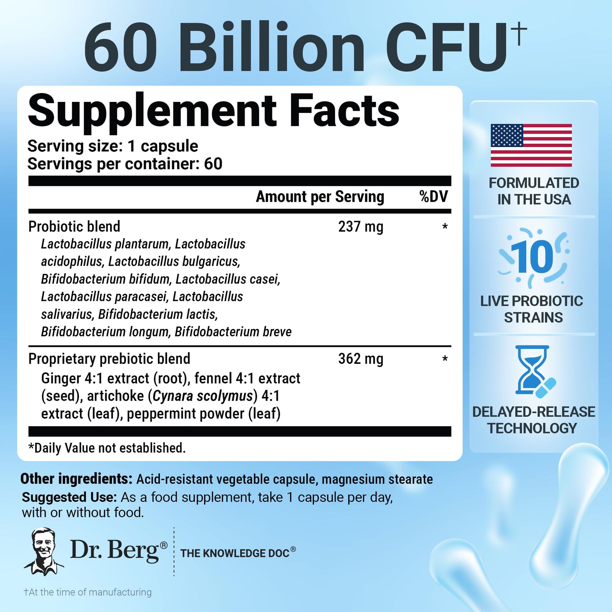 Dr. Berg Probiotic Supplement (60 Billion CFUs) - Helps Ease Occasional Constipation, Diarrhea, Gas & Bloating* - Pre and Probiotics for Digestive Health - 60 Probiotic Capsules Dr. Berg Nutritionals Au supplements