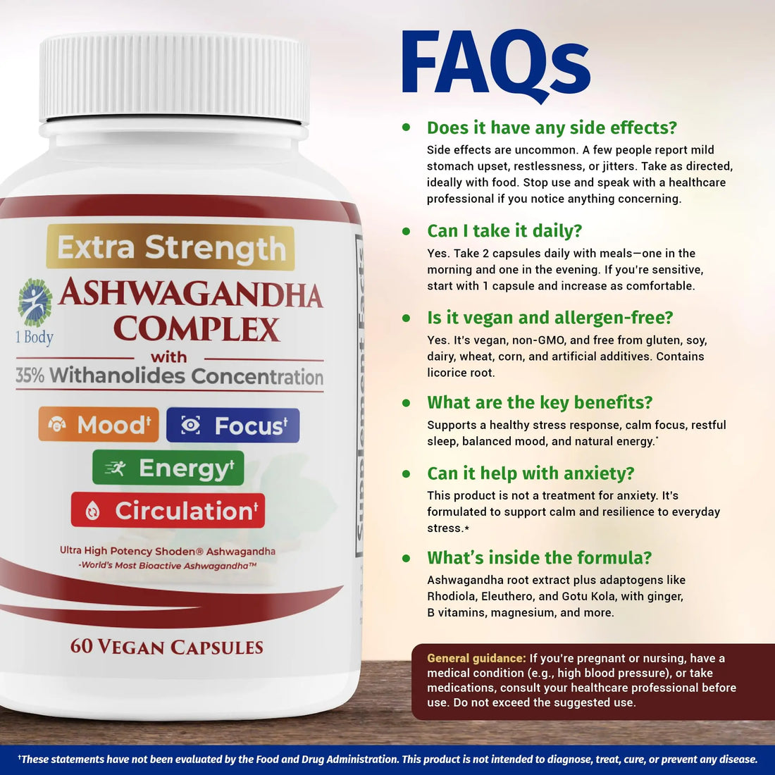 Ashwagandha Complex Adrenal Support Supplement for Stress Relief, Cortisol Balance, Energy & Focus, Mood Support, 35% Withanolides, 60 Vegan Capsules 1 Body uk supplements