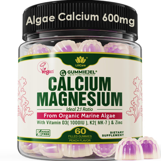 Plant Based Calcium Gummies 600mg with Vitamin D3 K2, Magnesium, Zinc for Bone Strength, Sugar Free Calcium Supplements for Women & Men (Certified Vegan) LILICAREUS supplements