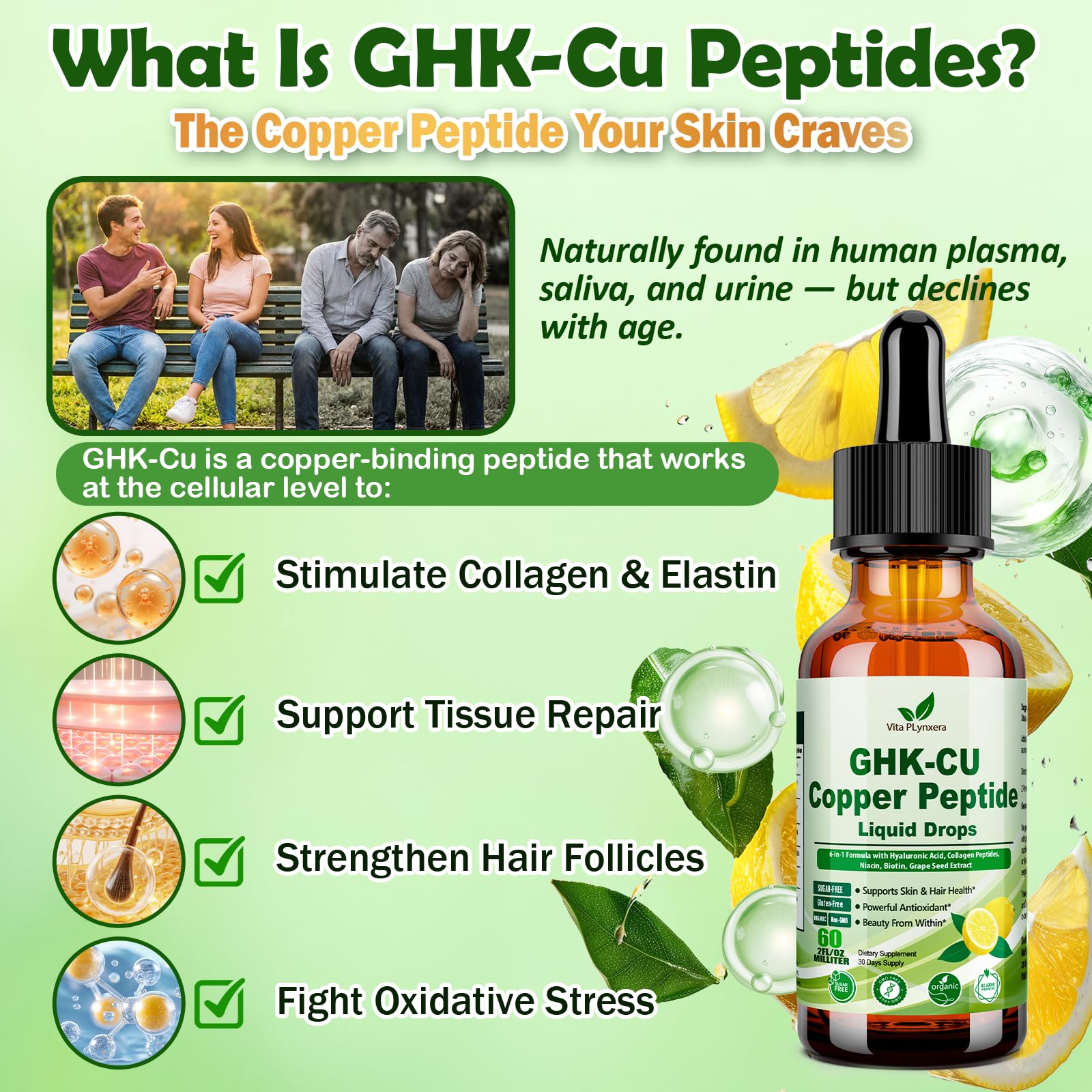 Vita PLynxera GHK-CU Peptide Supplement Liquid Drops, Premium 6-in-1 GHK CU Copper Peptides w. Marine Collagen Hyaluronic Acid Biotin for Anti-Aging, Skin Hair Growth Support, Oral Drops丨Women Men Vita PLynxera Au supplements