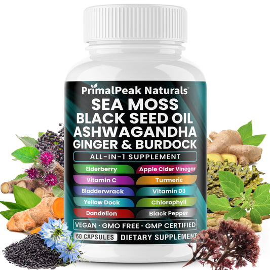 PrimalPeak Naturals Sea Moss Black Seed Oil Ashwagandha Ginger Burdock Bladderwrack Turmeric & Vitamin C Vitamin D3 with ACV Elderberry Chlorophyll Dandelion Yellow Dock Vegan Capsules - 60 Count PrimalPeak NaturalsAu supplements