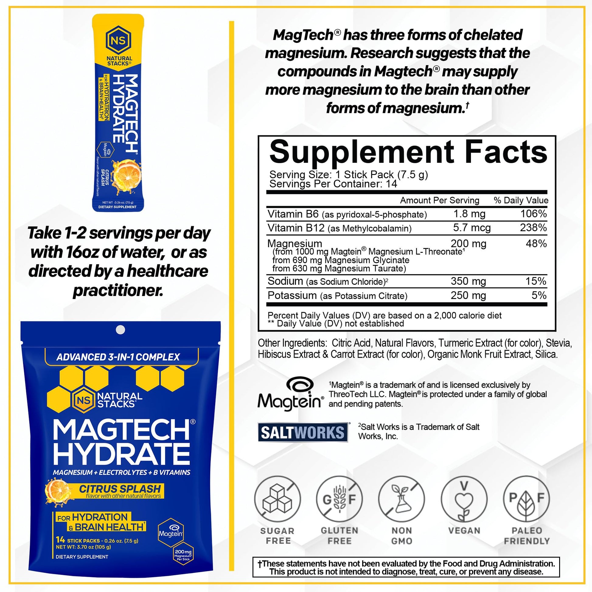 MagTech Magnesium Hydrate Packets - Sugar Free Hydration Powder - Magtein Magnesium L-Threonate, Glycinate & Taurate - 200mg Chelated Triple Complex - Supports Hydration & Brain Health* - 14 Servings NATURAL STACKS Au supplements
