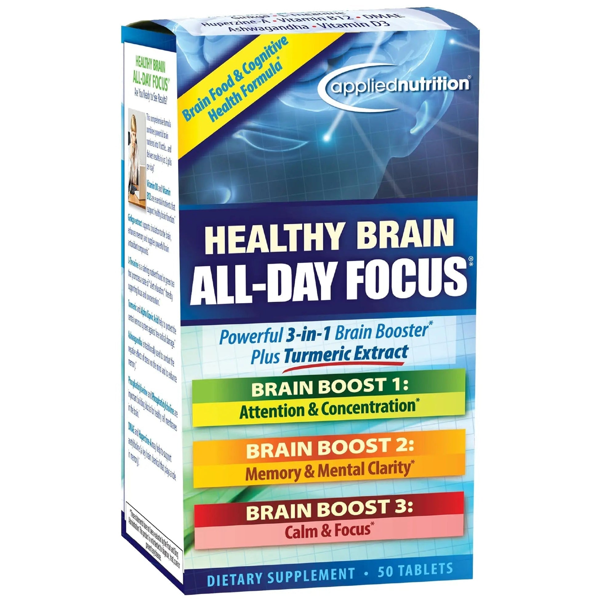 Applied Nutrition Healthy Brain All-Day Focus - 50 Tablets - Powerful 3-in-1 Brain Booster with Turmeric Extract - 25 Servings Applied Nutrition Au supplements