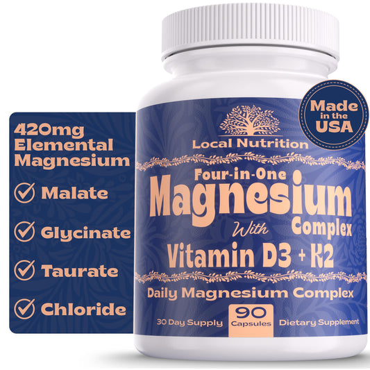 Local Nutrition Magnesium Complex 420mg with Vitamin D3 K2 - Four Bioavailable Forms Including Bisglycinate (Glycinate), Malate, Taurate, and Chloride Local NutritionUS supplements