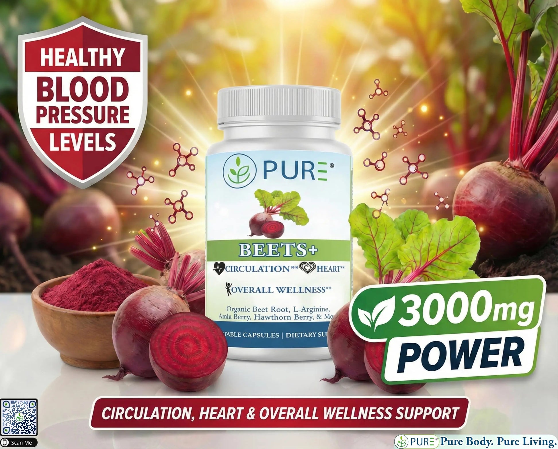 PURE® Beets+ Organic Beet Root Capsules - 900mg - 90 Count, 30 Servings - Blood Pressure & Circulation Support Supplement - with L-Arginine, Hawthorn Berry & B12 - Cardiovascular Health - Made in USA PURE Au supplements