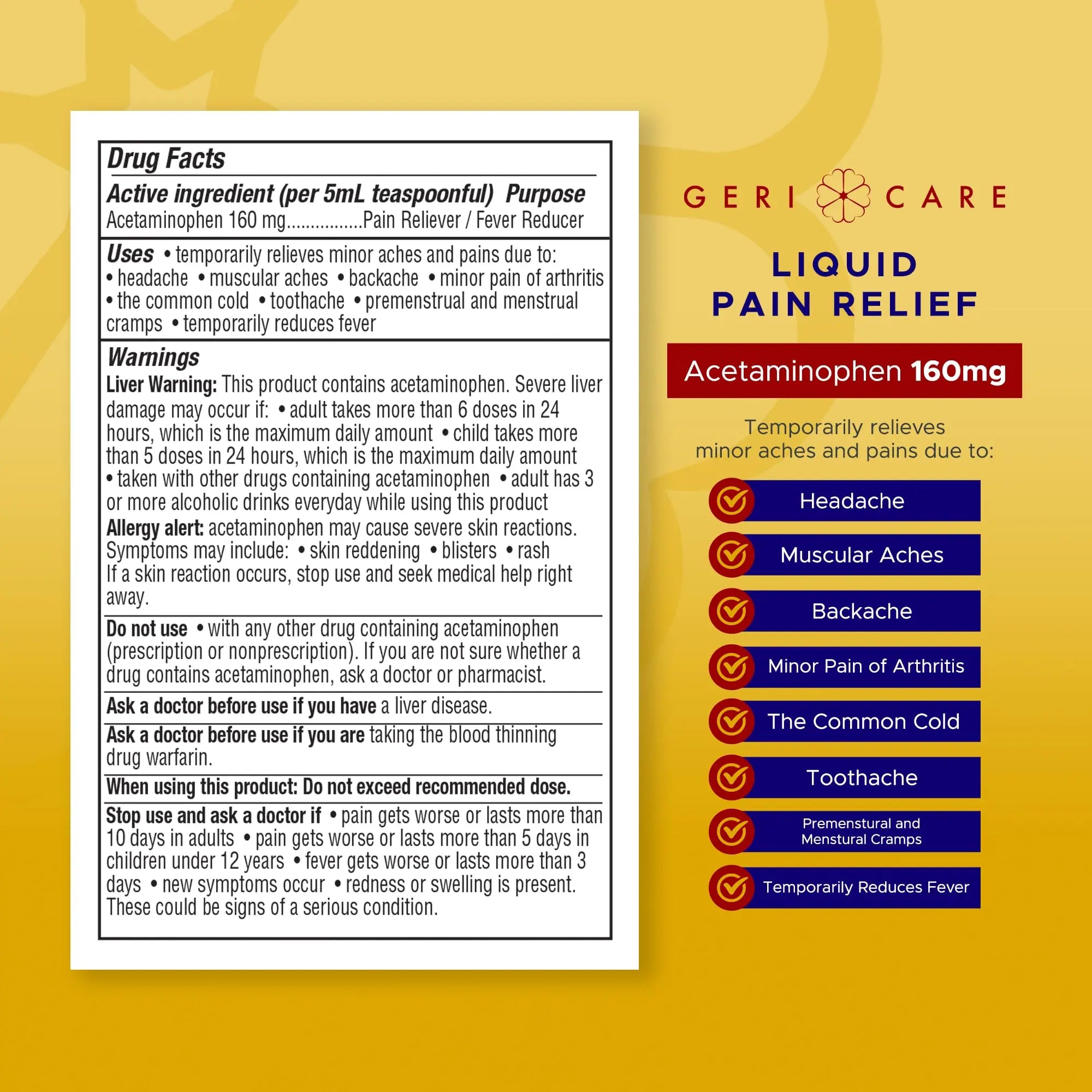 GeriCare Regular Strength Liquid Acetaminophen 160 mg, Pain Reliever, Fever Reducer, Aspirin & Alcohol Free, Cherry Flavored 16 Fl Oz (Pack of 2) GeriCare Au supplements